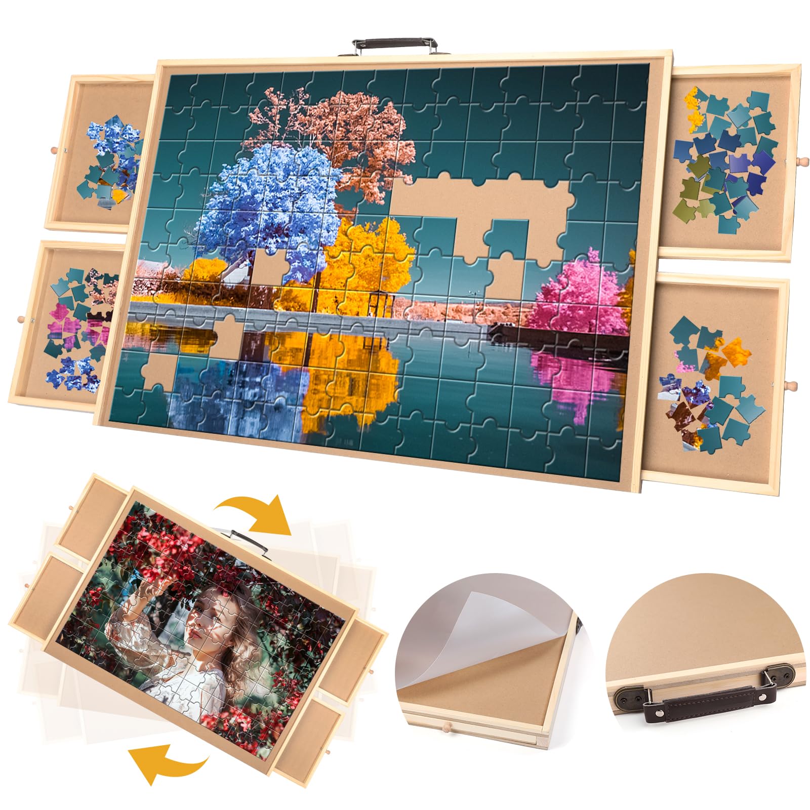 NEOACT 1000 Piece Rotating Puzzle Board - 30.4”x22.4” Wooden Jigsaw Puzzle Table with 4 Drawers, Cover & Handle - Portable Lazy Susan Puzzle Board for Adults & Kids - Perfect for Family Game Nights, Travel & Home Entertainment