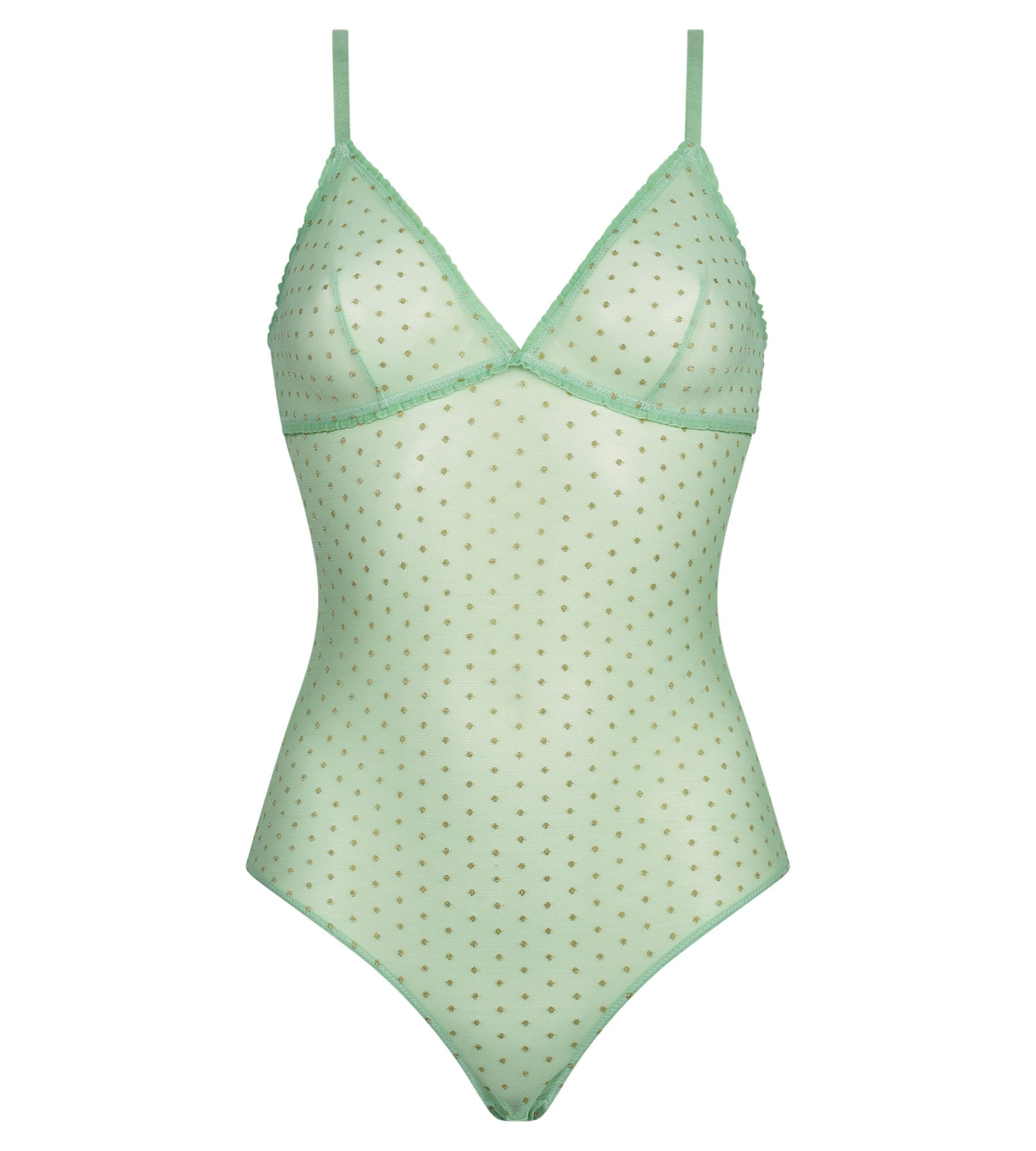 Women's Green & Polka Dot Lurex Tulle Mesh Body - Shiny Sheer Lingerie for Date Night & Special Occasions