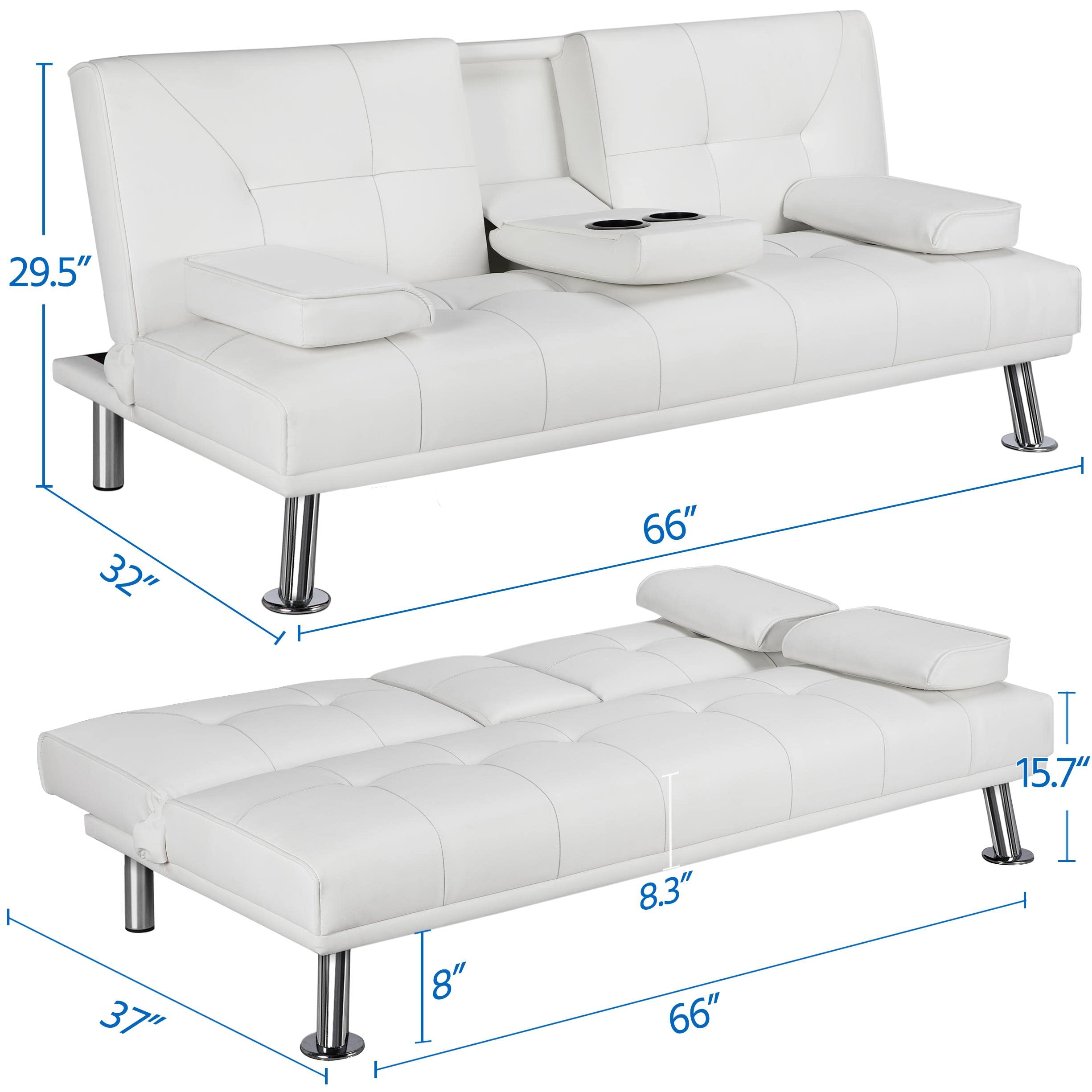 Topeakmart Adjustable Faux Leather Sofa Bed - Modern Convertible Futon Couch with Armrest & Recliner - White Home Furniture for Living Room, Guest Room & Small Spaces