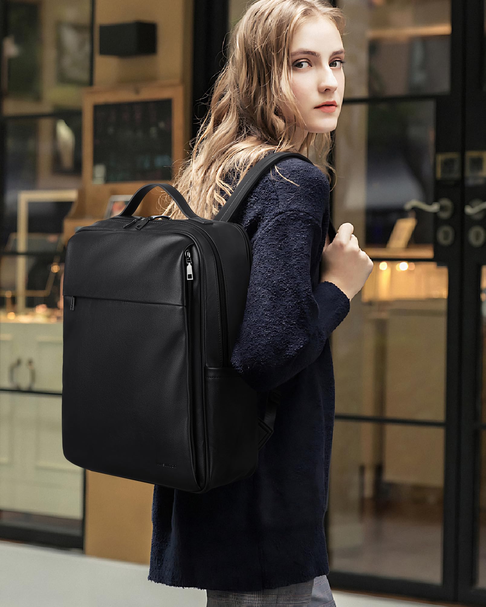 MASINTOR 15.6 Inch Women's PU Leather Laptop Backpack - Large College School Bag, Travel Backpack for Work & Commuting - Stylish Black Casual Purse for Daily Use, Business Trips & Campus Life
