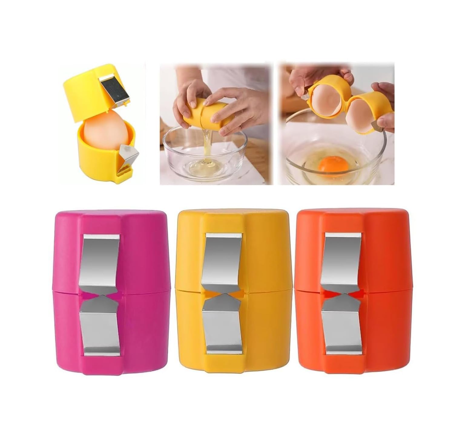3PCS Stainless Steel Egg Shell Opener & Egg Separator - Quick Egg Cutter & Cracker Tool for Raw and Cooked Eggs - Perfect for Home Kitchen Use (Orange, Pink, Yellow) - Ideal for Baking, Cooking, and Meal Prep