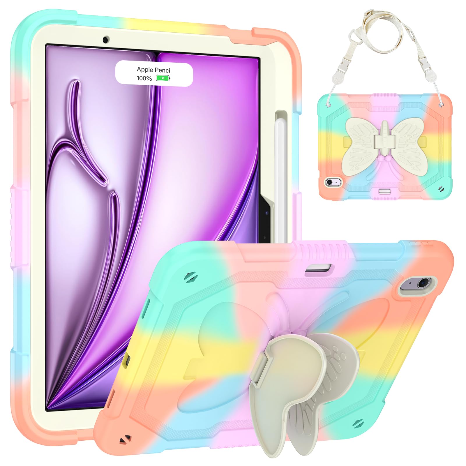 **Colorful Heavy Duty Protective Case for iPad Air 11-inch (M2 & M3) - Kids & Girls with Stylus Holder, Butterfly Stand & Carrying Strap | Perfect for School, Travel & Play**