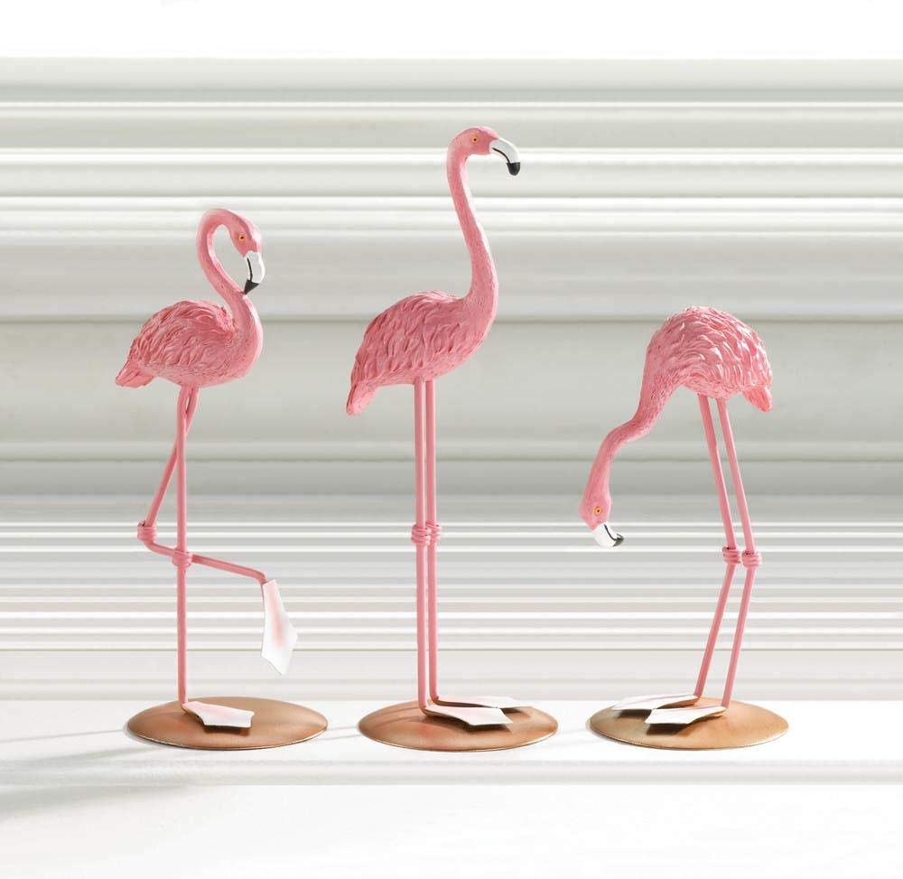 Pink Flamingo Figurines Set of 3 - Tropical Coastal Tabletop Decor for Home, Office, or Beach House - Perfect for Summer Parties, Nautical Themed Weddings & Coastal Interior Design