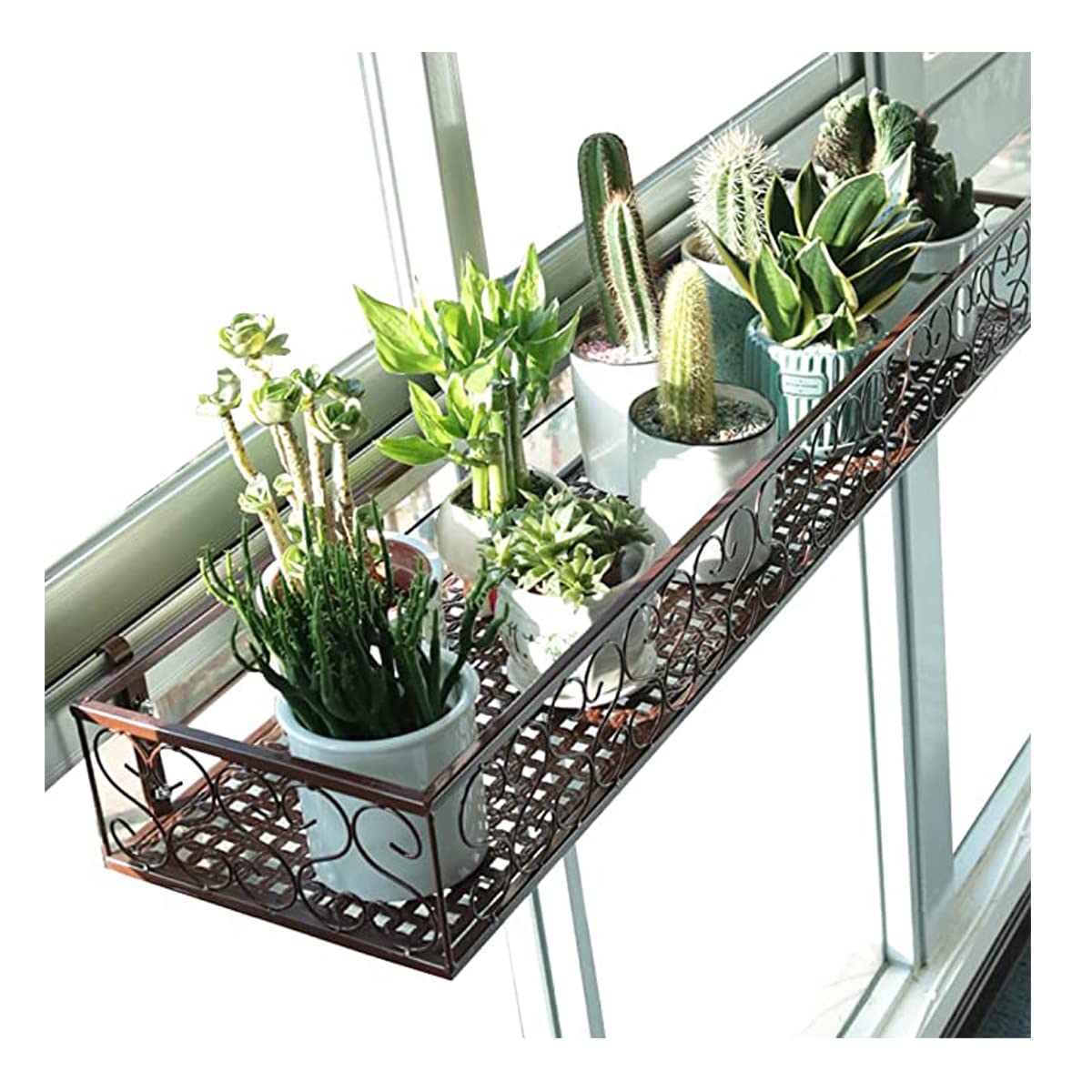 AnRui 23.5 Inch Iron Hanging Shelf for Plants - Patio Railing Shelf with Hooks, Balcony Flower Pot Stand, Window Basket Rack for Porch, Fence or Outdoor Desk (Brown) | Perfect for Small Space Gardening, Herb Display & Outdoor Decor