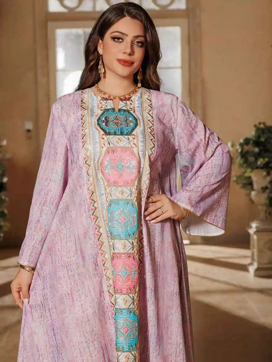 Elegant Eid Dress with Embroidery & Printed Floral Design - Long Caftan Kaftan Dress for Women #25426 | Perfect for Eid Celebrations, Weddings & Special Occasions