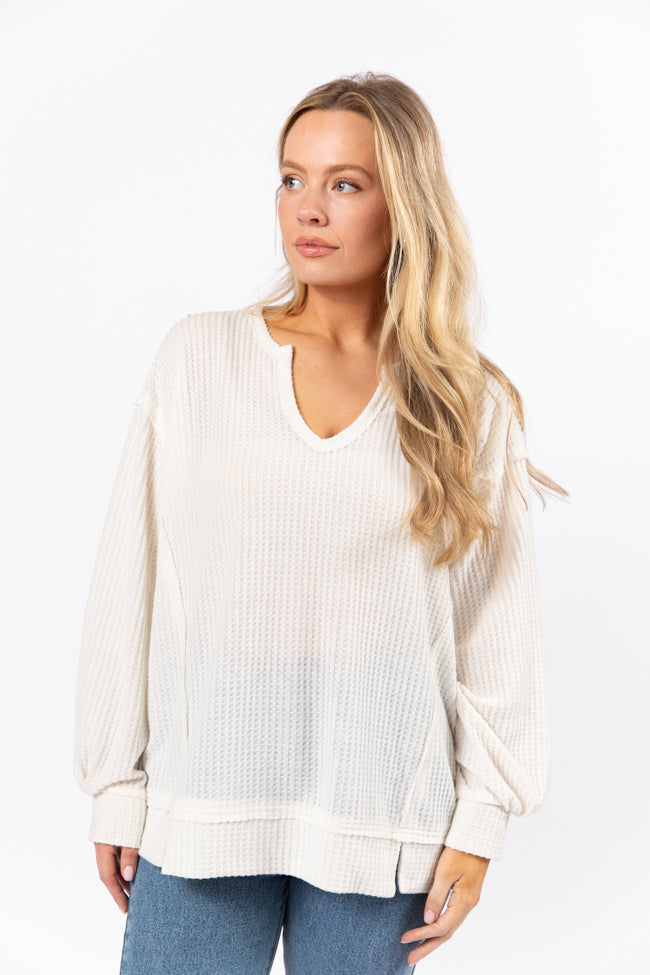 Stylish Cream Brushed Waffle Knit Oversized Sweater Top | Cozy Winter Fashion | Perfect for Casual Outings & Layering