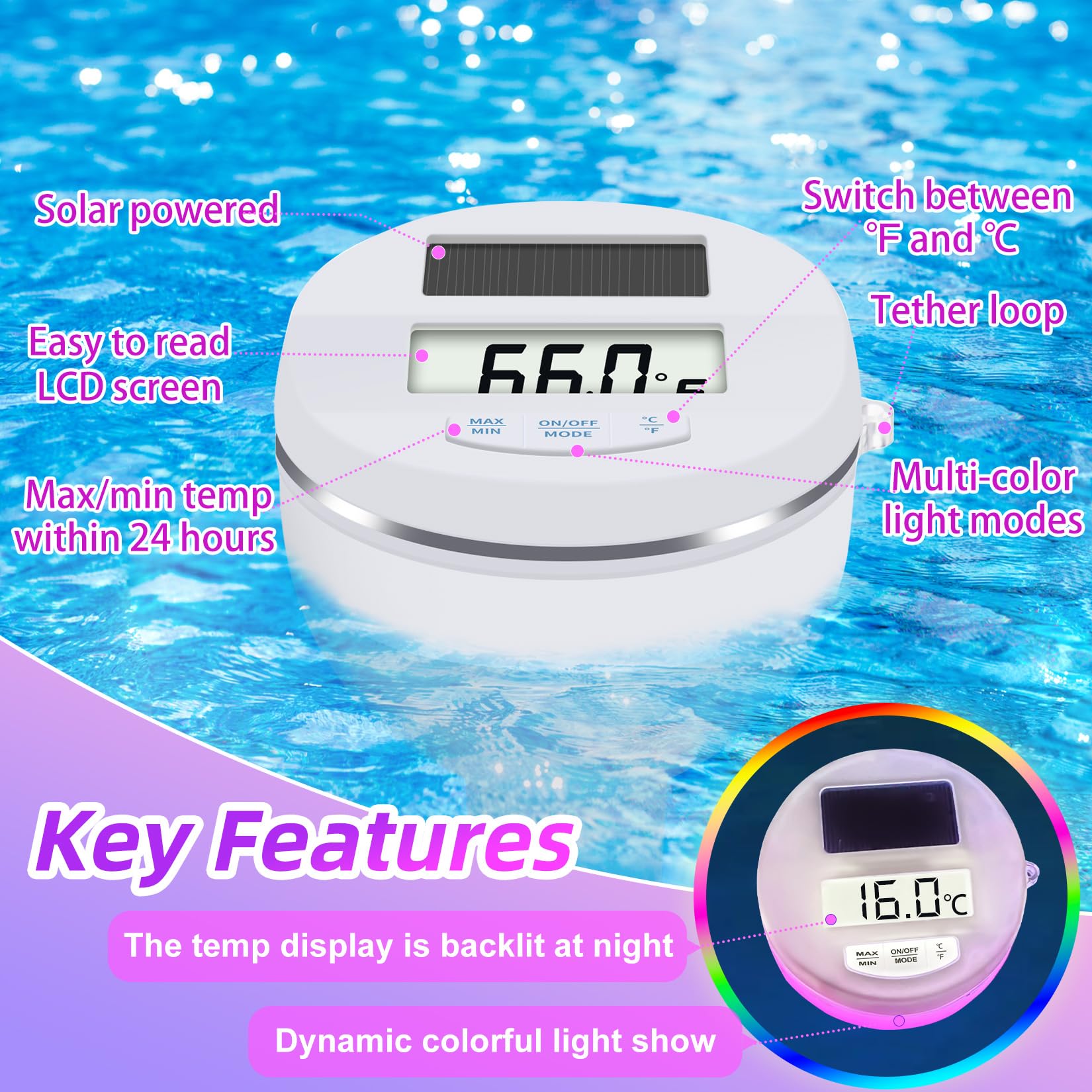 Solar Pool Thermometer with RGB Lights - Large LCD Backlit Display, IP68 Waterproof Floating Digital Thermometer for Swimming Pools, Hot Tubs & Spas - Easy to Read Temperature Gauge for Nighttime Use and Water Temperature Monitoring