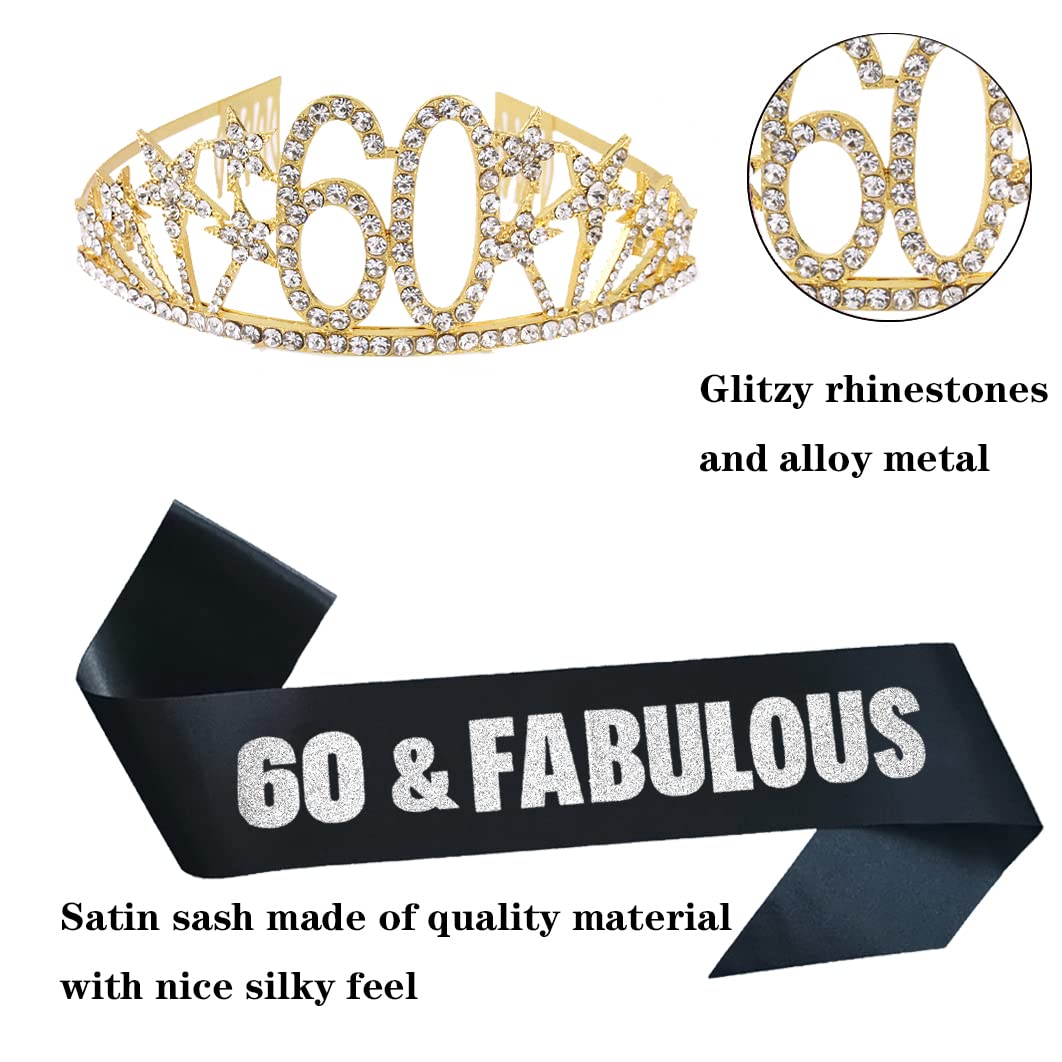 Mayin Happy 60th Birthday Tiara & Sash Set - Crystal Rhinestone Princess Crown with Gold/Silver Lettering & Black Sash - Perfect for Birthday Queen Parties, Milestone Celebrations & Special Occasions