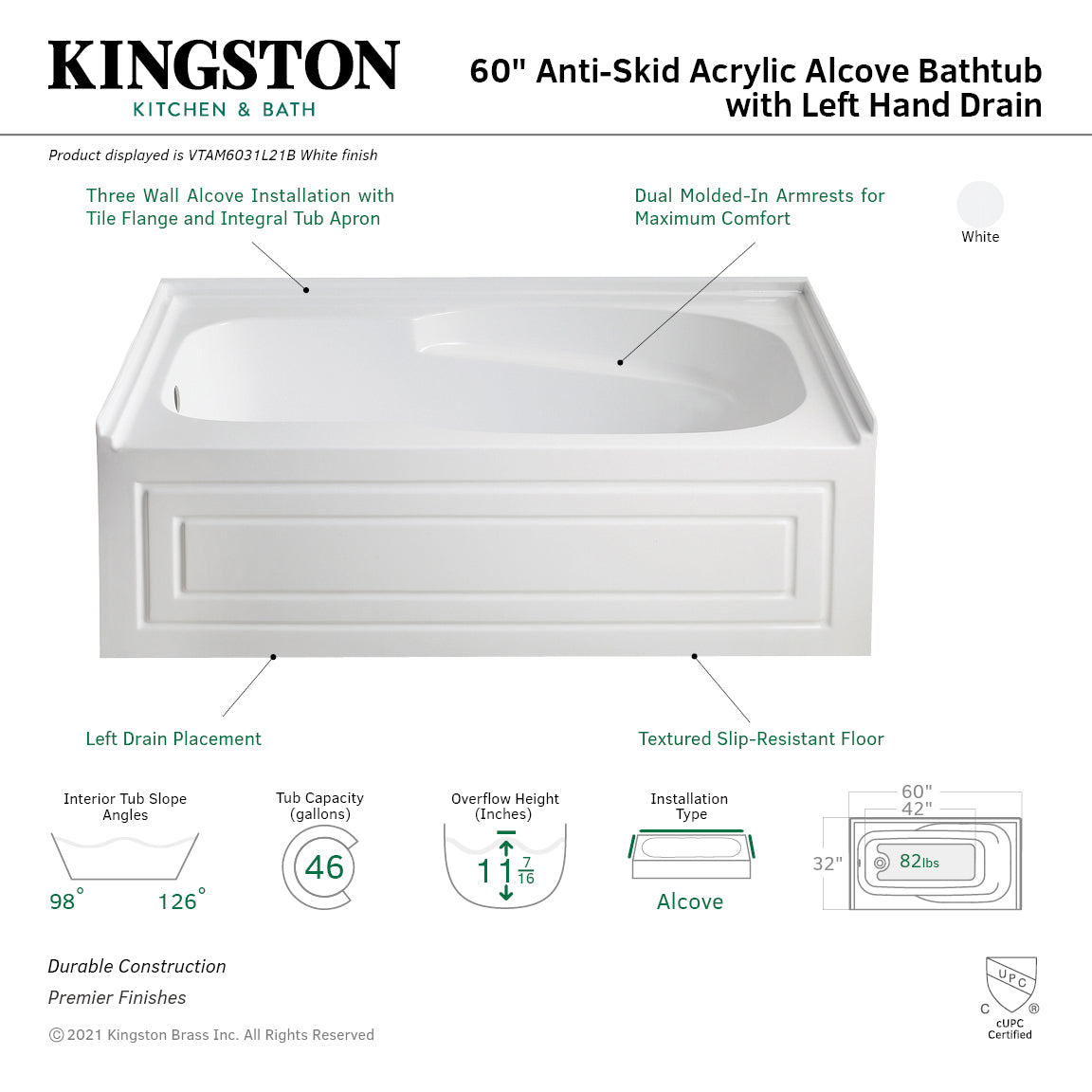Aqua Eden 60 Inch Acrylic Rectangular 3-Wall Alcove Bathtub with Armrests & Anti-Skid Surface - Left Hand Drain, Glossy White - Perfect for Modern Bathrooms & Spa-Like Relaxation