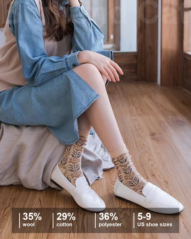 Vintage Wool Socks for Women - 5 Pairs Cozy Crew Socks with Unique Print, Perfect for Christmas Gifts & Winter Wear