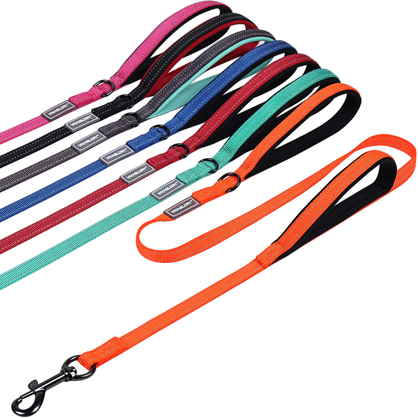 VIVAGLORY Heavy Duty Reflective Dog Leash with Dual Padded Handles - Strong Metal Hook Training Lead for Large Dogs - Orange - Perfect for Walking, Running & Nighttime Safety