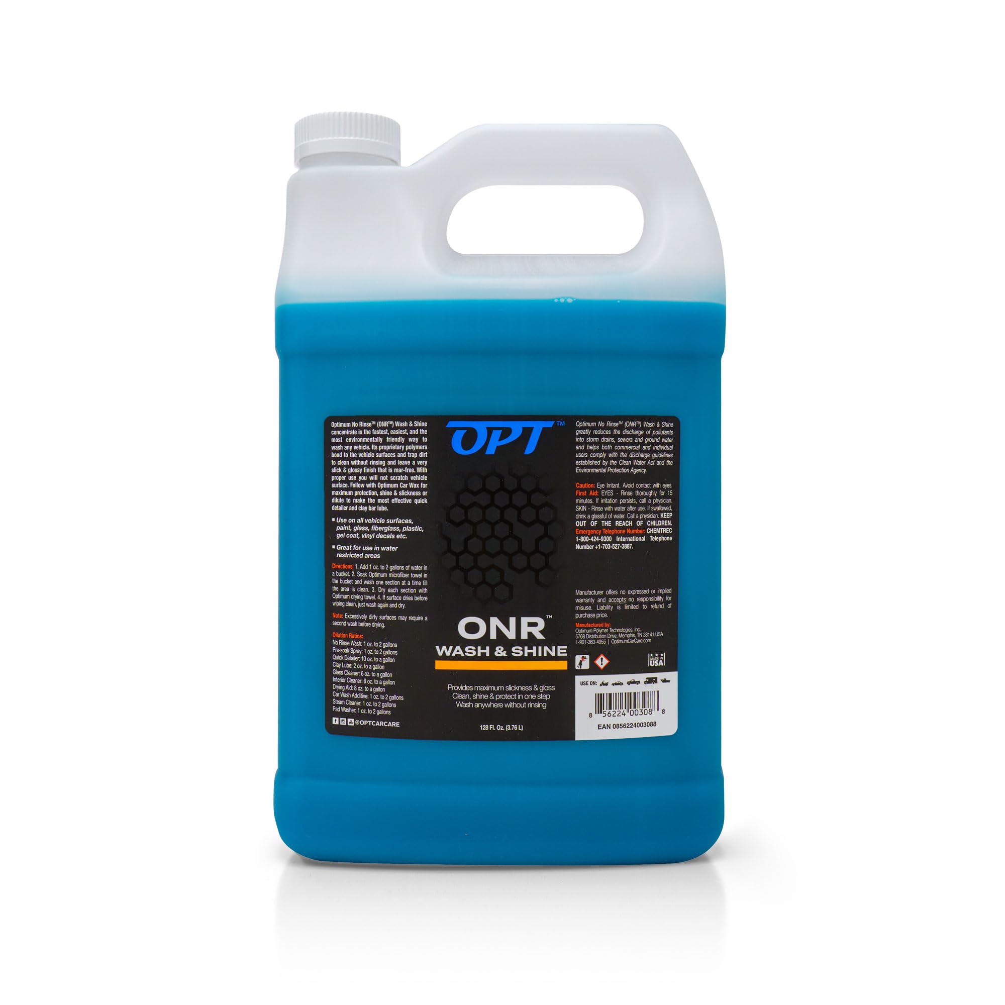 Optimum No Rinse Wash and Shine - ONR Car Wash Concentrate (New Formula V5) - 4 Gallons (128 Fl Oz Pack of 4) - Safe for Paint, Coatings, Wraps & Interior - Rinseless Wash Soap Alternative - Perfect for Waterless Car Washing, Detailing & Quick Cleanups