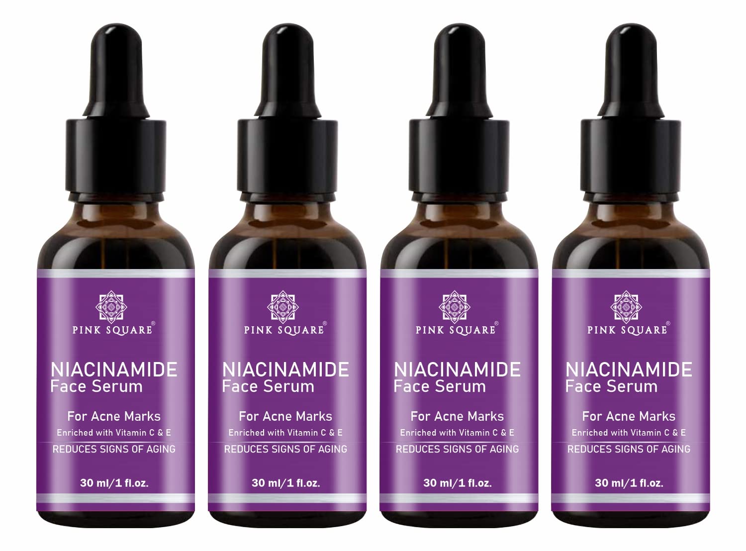 Pink Square Niacinamide Super Serum for Acne Marks & Dark Spot Removal - 30ml (Pack of 4) - Suitable for All Skin Types - Brightening Face Serum for Daily Skincare Routine
