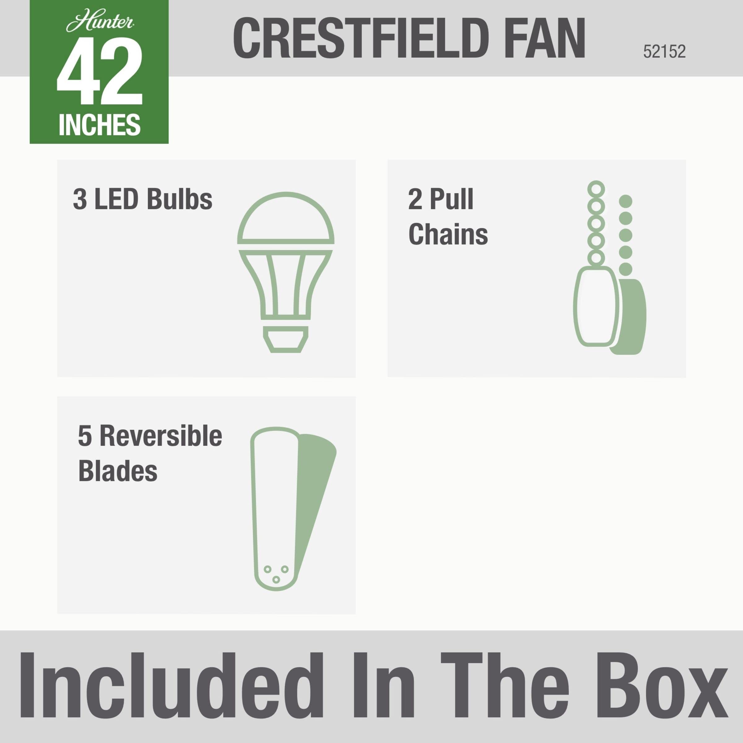 Hunter Fan Company 52152 42 Inch Crestfield Fresh White Low Profile Ceiling Fan with LED Light Kit and Pull Chain - Perfect for Bedrooms, Living Rooms, and Indoor Spaces
