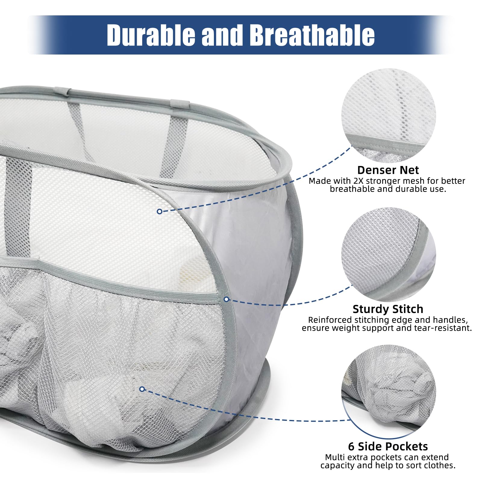 Upgrade Collapsible Laundry Basket with Mesh Bags - Foldable Pop Up Hamper for Clothes, Toys & Travel - Lightweight & Portable for Dorm, Home & Camping (Grey) | Perfect for Laundry Day, College Dorm Storage & Outdoor Adventures