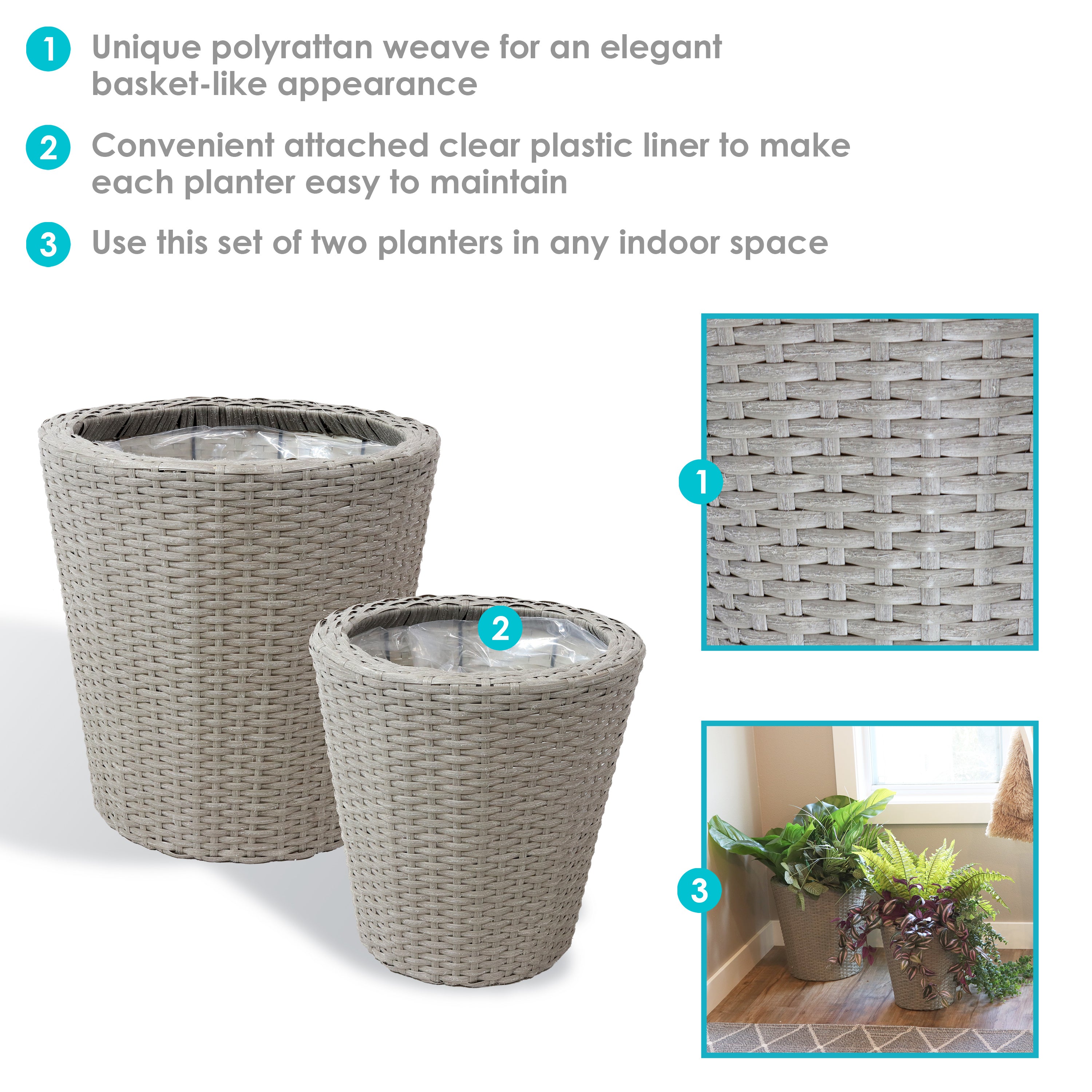 Sunnydaze Round Polyrattan Indoor Planters Set - 1 Large & 1 Small Modern Decorative Flower Pots for Home, Office, Living Room, Balcony Decor - Perfect for Succulents, Herbs & Houseplants