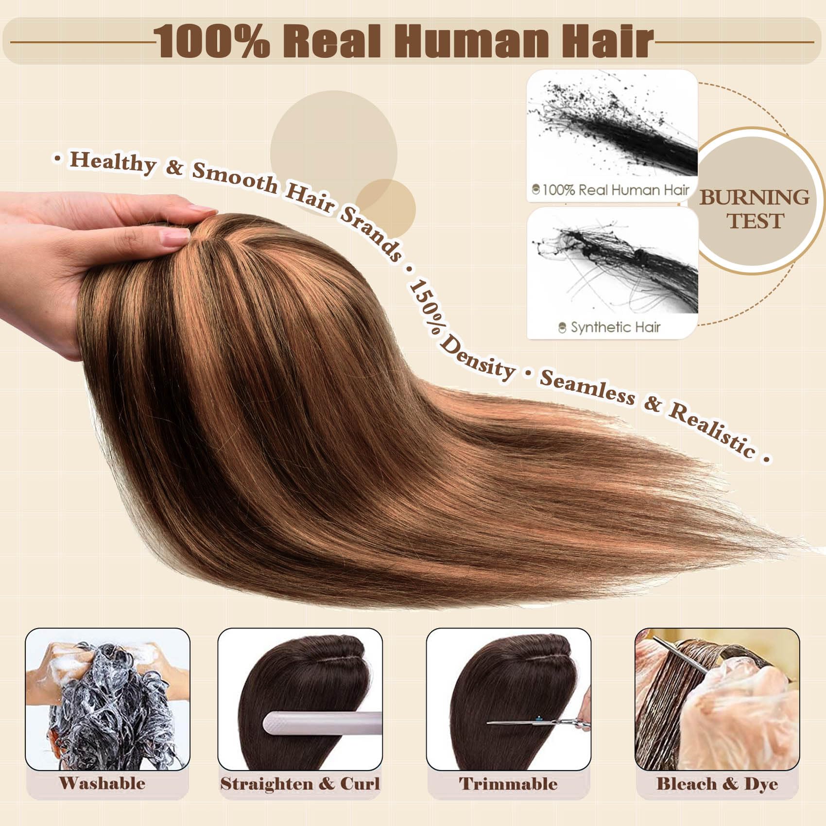 Premium JGS1996 Human Hair Toppers for Women – 150% Density Handmade Lace Base Remy Hair Wig Topper for Thinning Hair – No Bangs Clip-In Hair Extensions – Perfect for Daily Wear, Special Occasions & Hair Volume Enhancement
