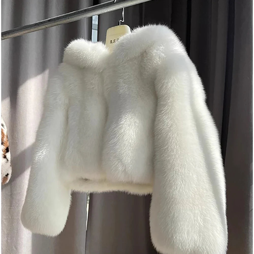 Luxury Faux Fur Coat for Women - Soft Warm Hooded Jacket, Vintage Style Winter Outerwear for Casual Outings & Holiday Parties