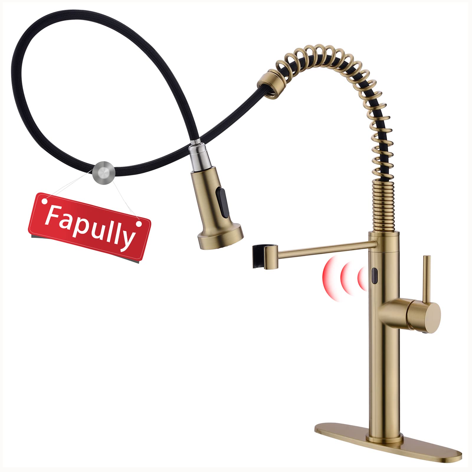 Fapully Touchless Kitchen Faucet with Pull Down Sprayer, Brushed Gold Motion Sensor Smart Single Handle Faucet for Kitchen Sink - Ideal for Modern Homes and Commercial Use