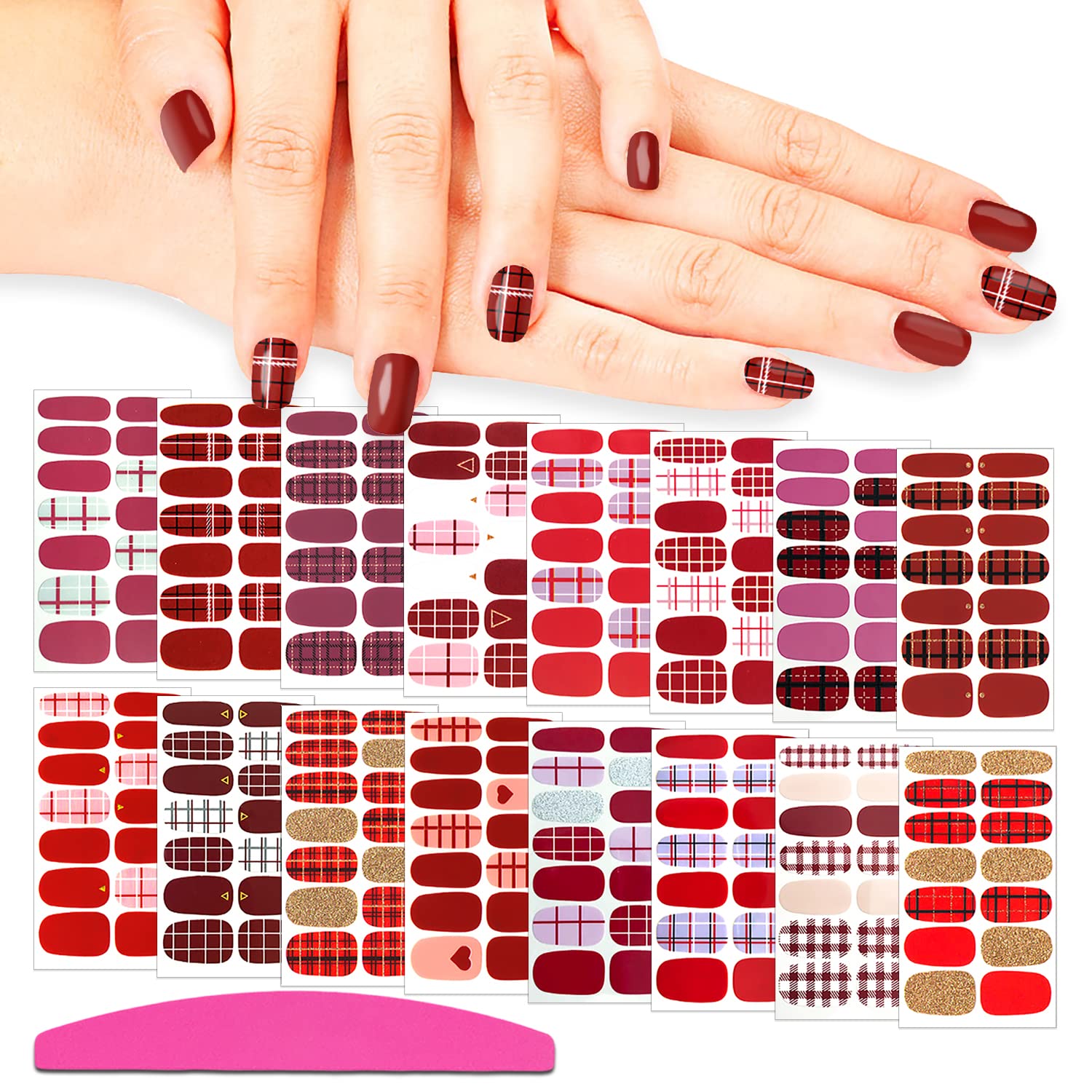16 Sheets Red Plaid Nail Polish Strips for Women - Self-Adhesive Nail Wraps, Gel Nail Stickers with Nail File - Perfect for DIY Manicures at Home, Parties & Special Occasions
