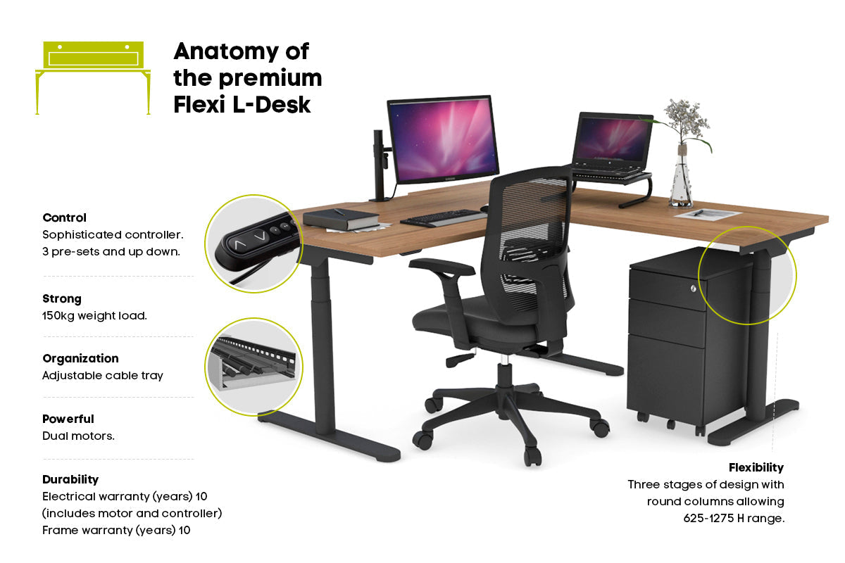 Flexi Premium Height Adjustable Corner Workstation Desk - 1400L x 1450W - Ergonomic Home Office & Gaming Setup for Small Spaces