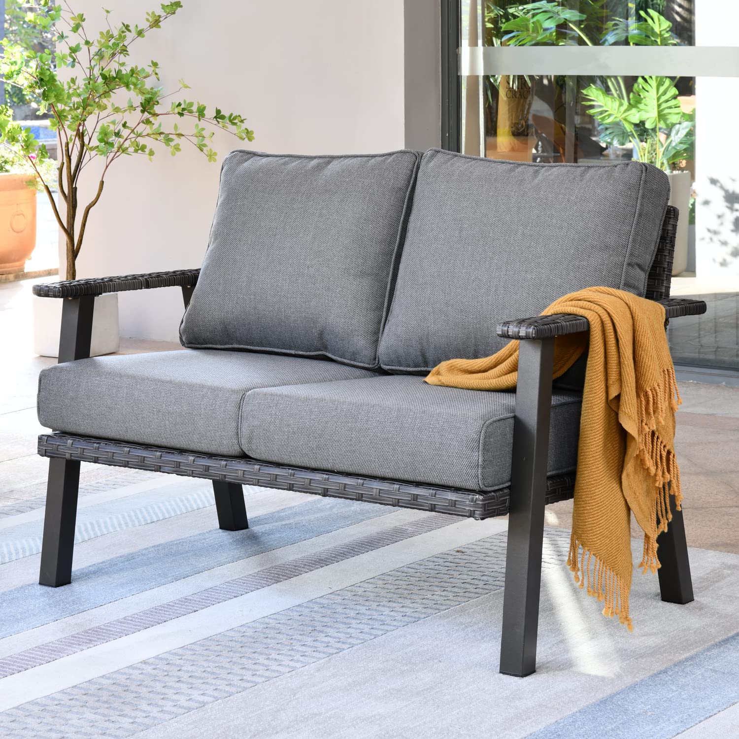 Ovios Patio Furniture 2-Seat Loveseat - All-Weather Wicker Rattan Outdoor Sofa with Thick Comfortable Cushions, High Back Design - Perfect for Garden, Backyard, Porch & Poolside (Dark Grey)
