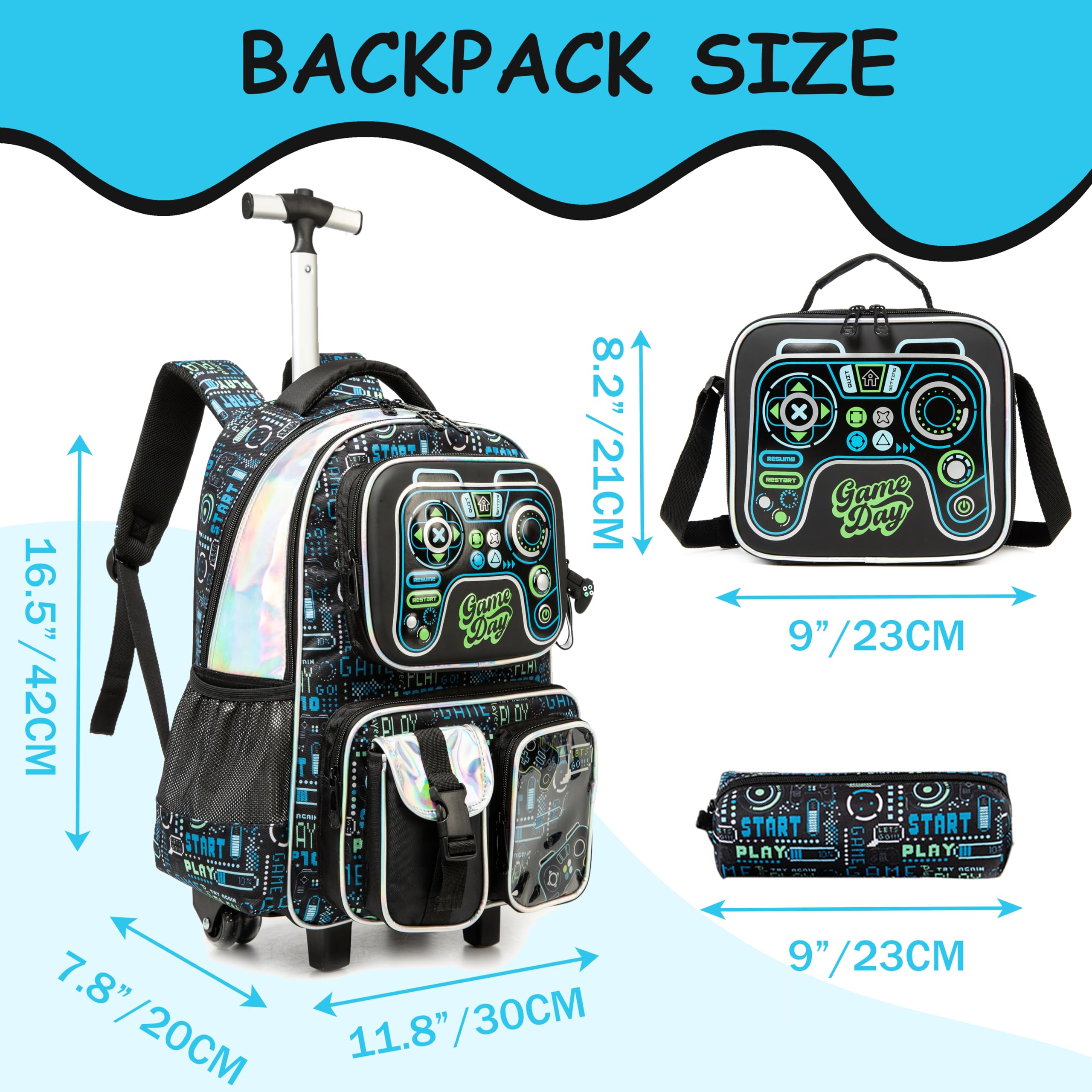 Kids Rolling Backpack with Wheels & Lunch Box - Durable School Backpack for Boys & Girls - Perfect for School, Travel & Daily Use (Black)