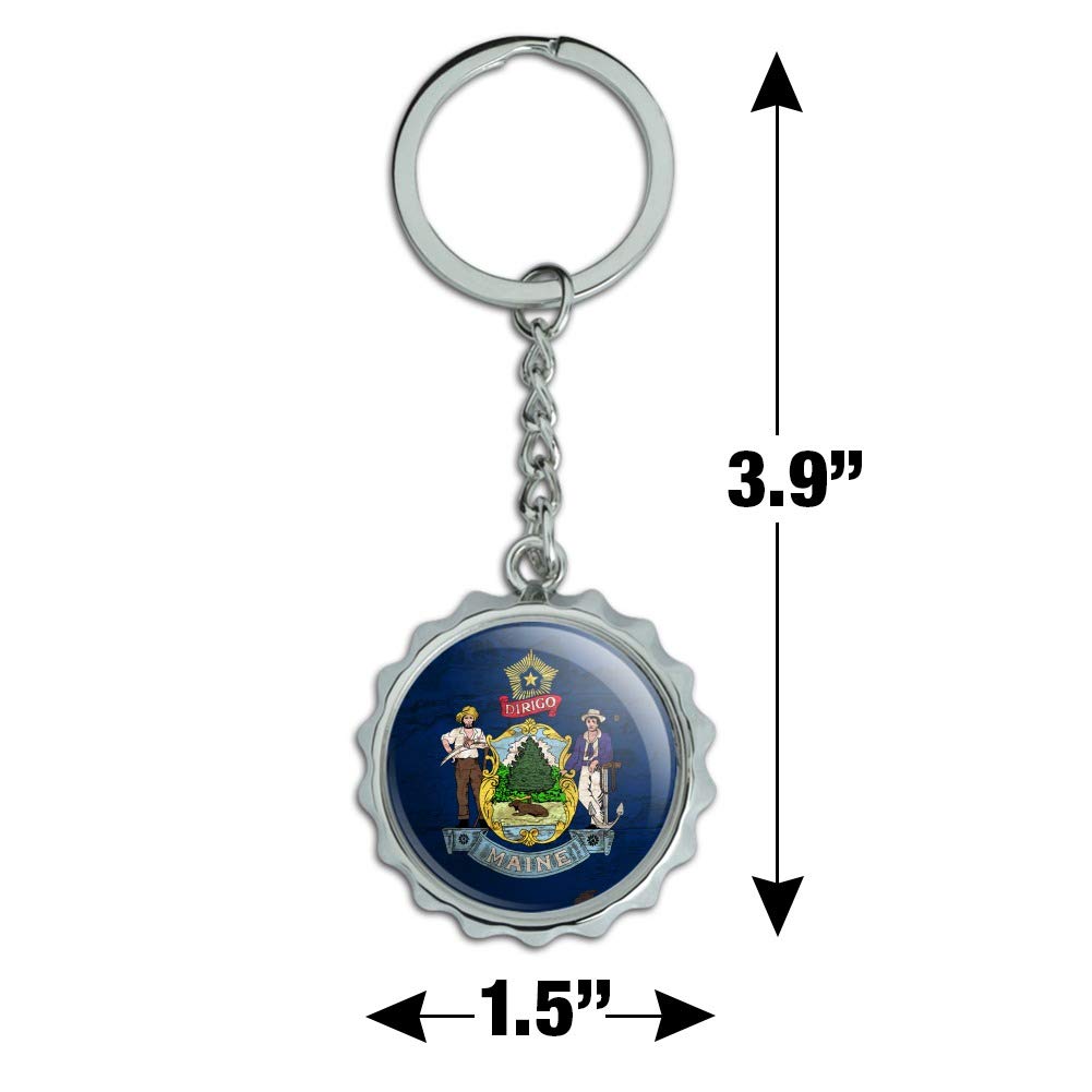 Vintage Rustic Maine State Flag Keychain - Distressed USA Design, Chrome Plated Metal Bottle Opener with Pop Cap - Perfect for Travel, Gifts & Beer Lovers Accessories
