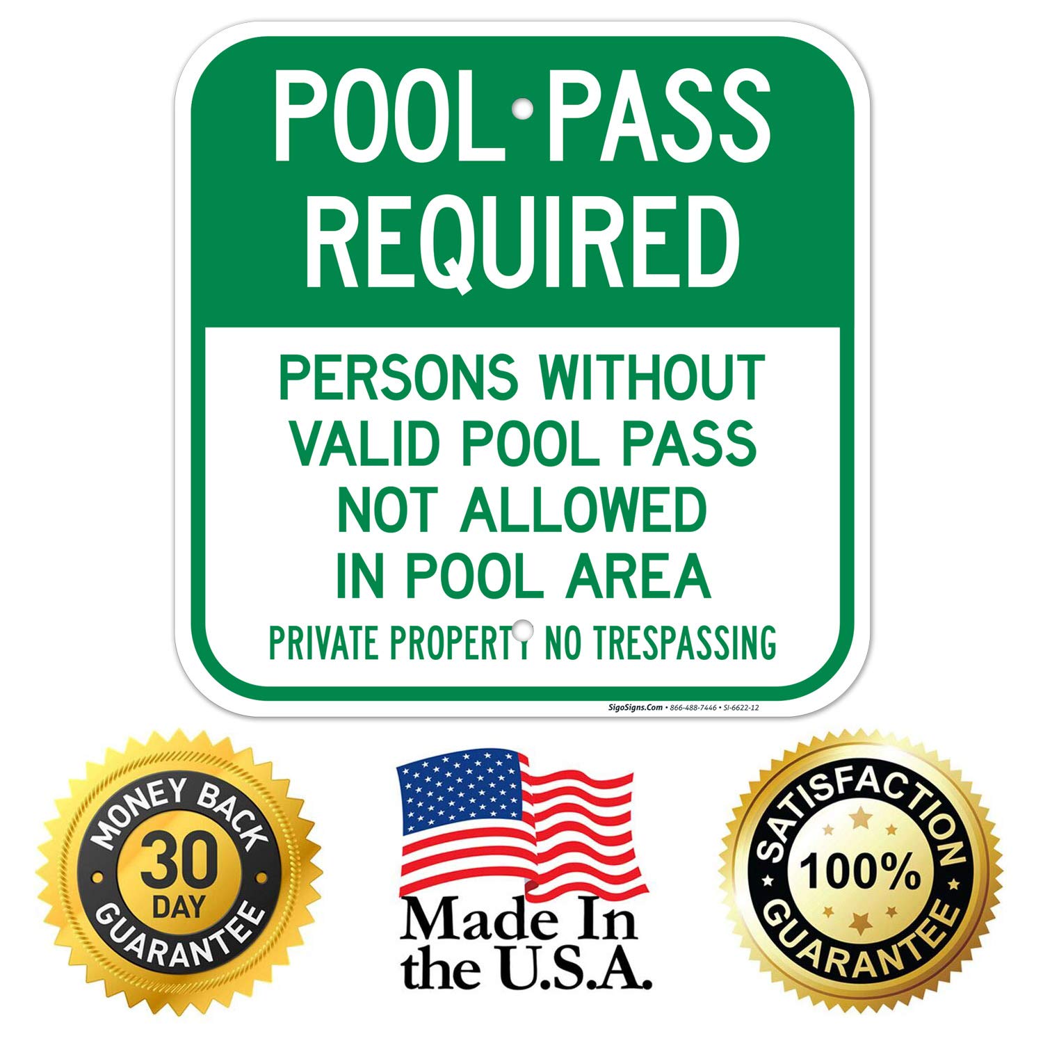 Pool Safety Sign - 'Persons Without Valid Pool Pass Not Allowed' - 12x12 Inch Rust-Free Aluminum Sign - Fade Resistant for Indoor/Outdoor Use - Made in USA - Perfect for Community Pools, Water Parks & Private Swim Areas
