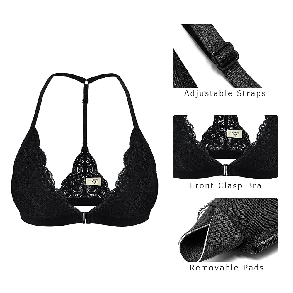 SHEKINI Women's Lace Wireless Bra - Front Closure Triangle Bralette with Padding, Comfortable Halter Bras for Everyday Wear & Special Occasions