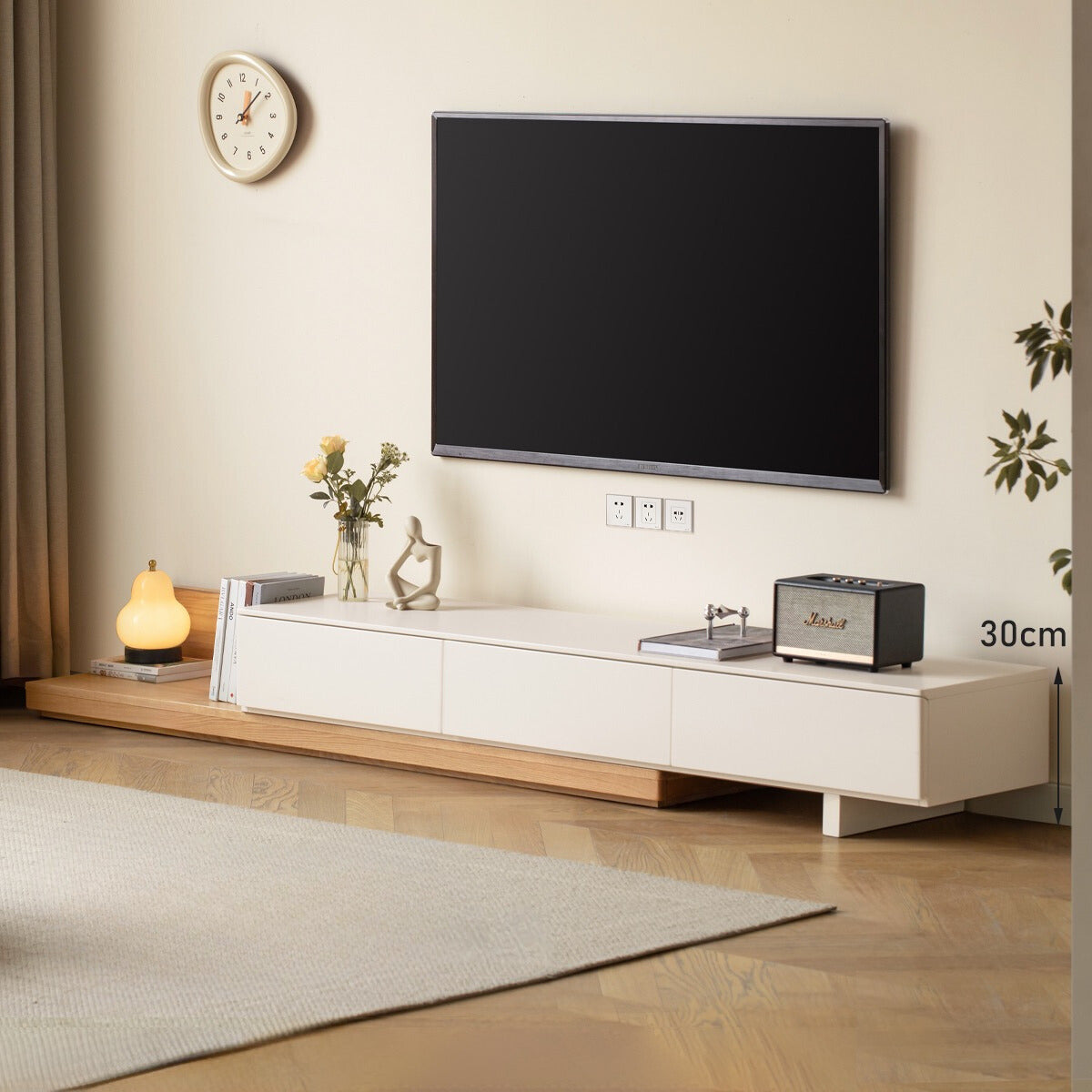 Solid Oak & Poplar Wood Retractable TV Stand Floor Cabinet - Modern TV Console for Living Room, Bedroom & Home Theater