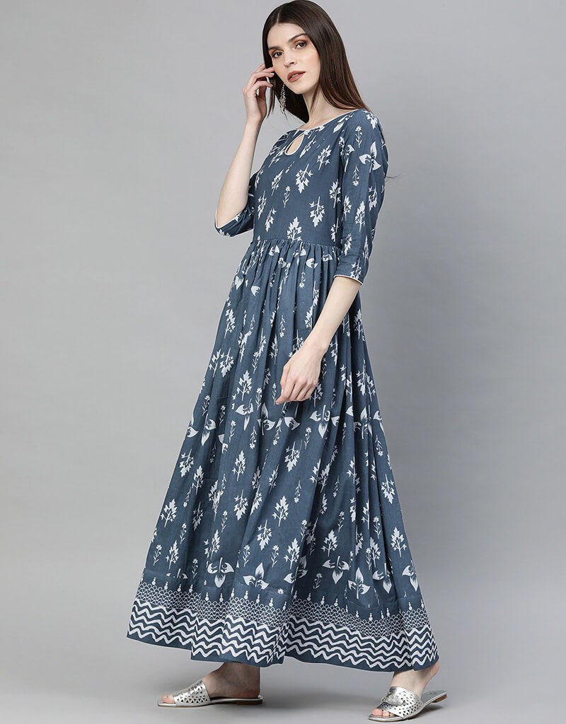 Stylish Blue Cotton Anarkali Kurti for Women - Traditional Indian Long Tunic Top - Perfect for Festivals, Weddings & Casual Wear