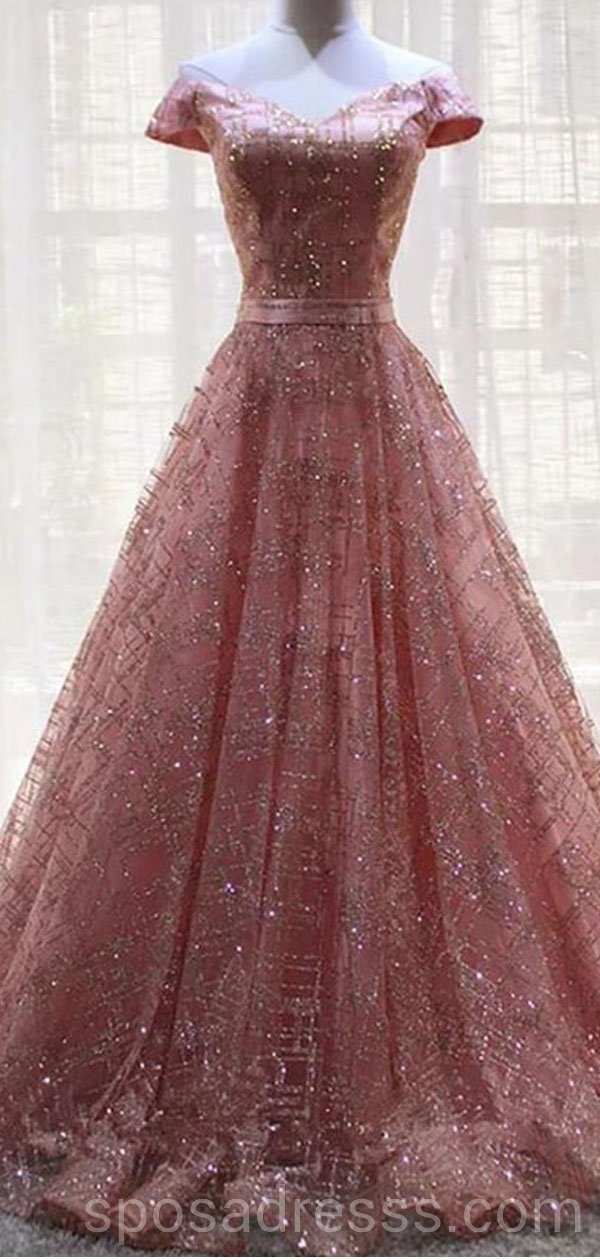 Sparkly Pink Off-Shoulder A-Line Long Evening Prom Dress for Sweet 16 - Custom Cheap Formal Gowns | Perfect for Prom Night, Homecoming, Quinceañera & Special Occasions