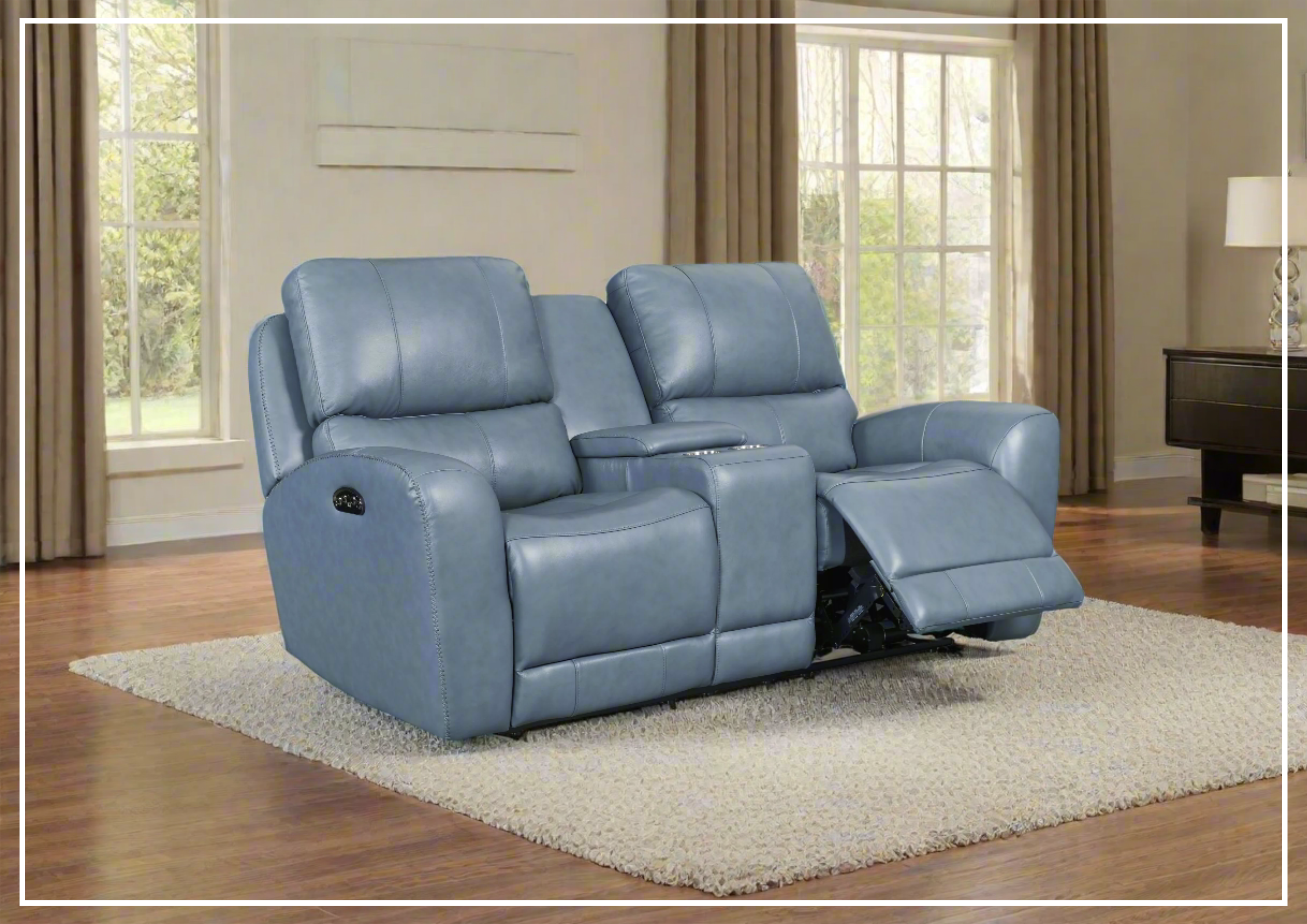 Gio Italia Home Bristol Power Reclining Leather Loveseat with Console in Blue - Modern Two-Seater Recliner Sofa for Living Room, Home Theater & Relaxation