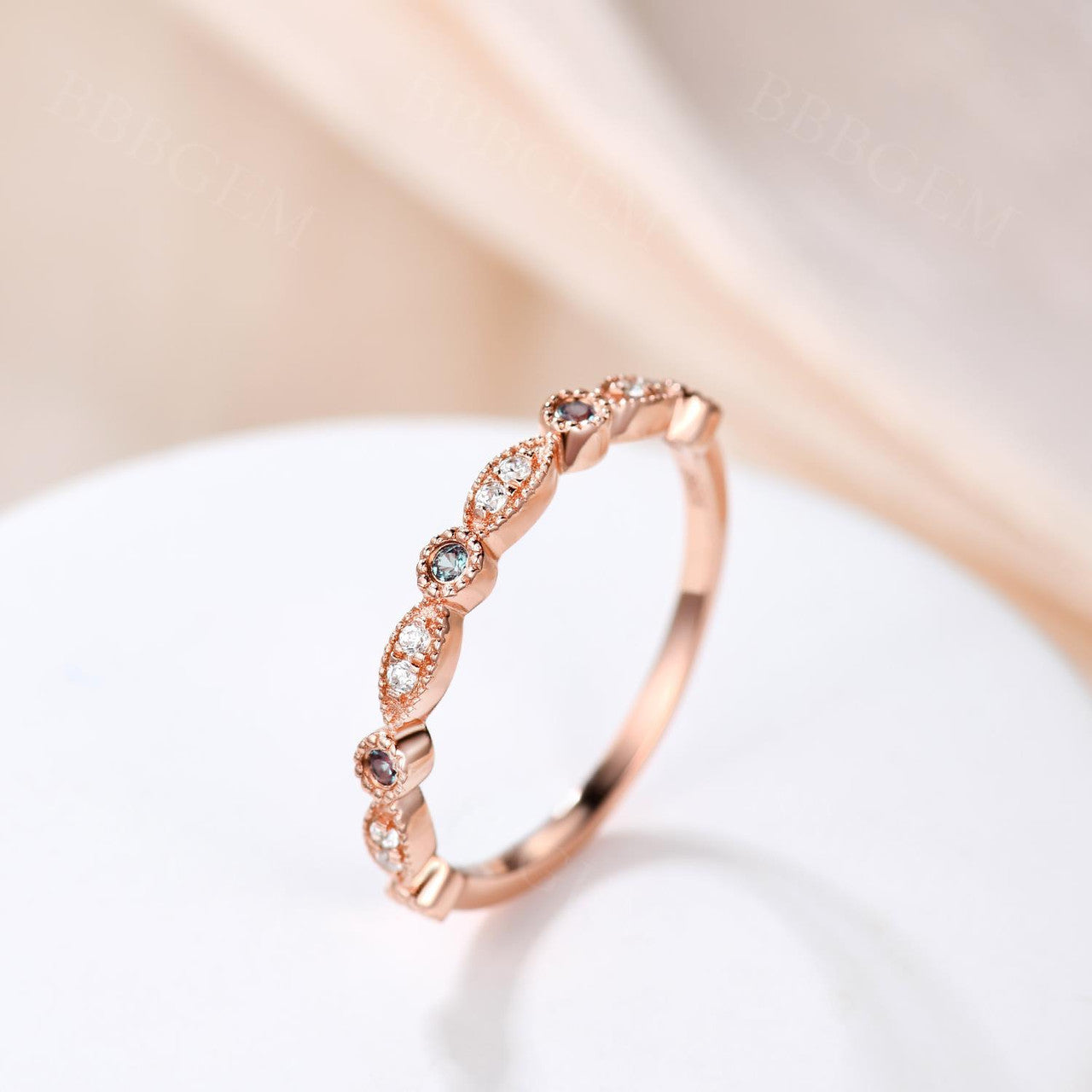 Exquisite Marquise & Round Alexandrite Diamond Wedding Ring - 14K Rose Gold Milgrain Half Eternity Band for Women | Perfect Anniversary Gift, Engagement Ring & Bridal Jewelry for Special Occasions