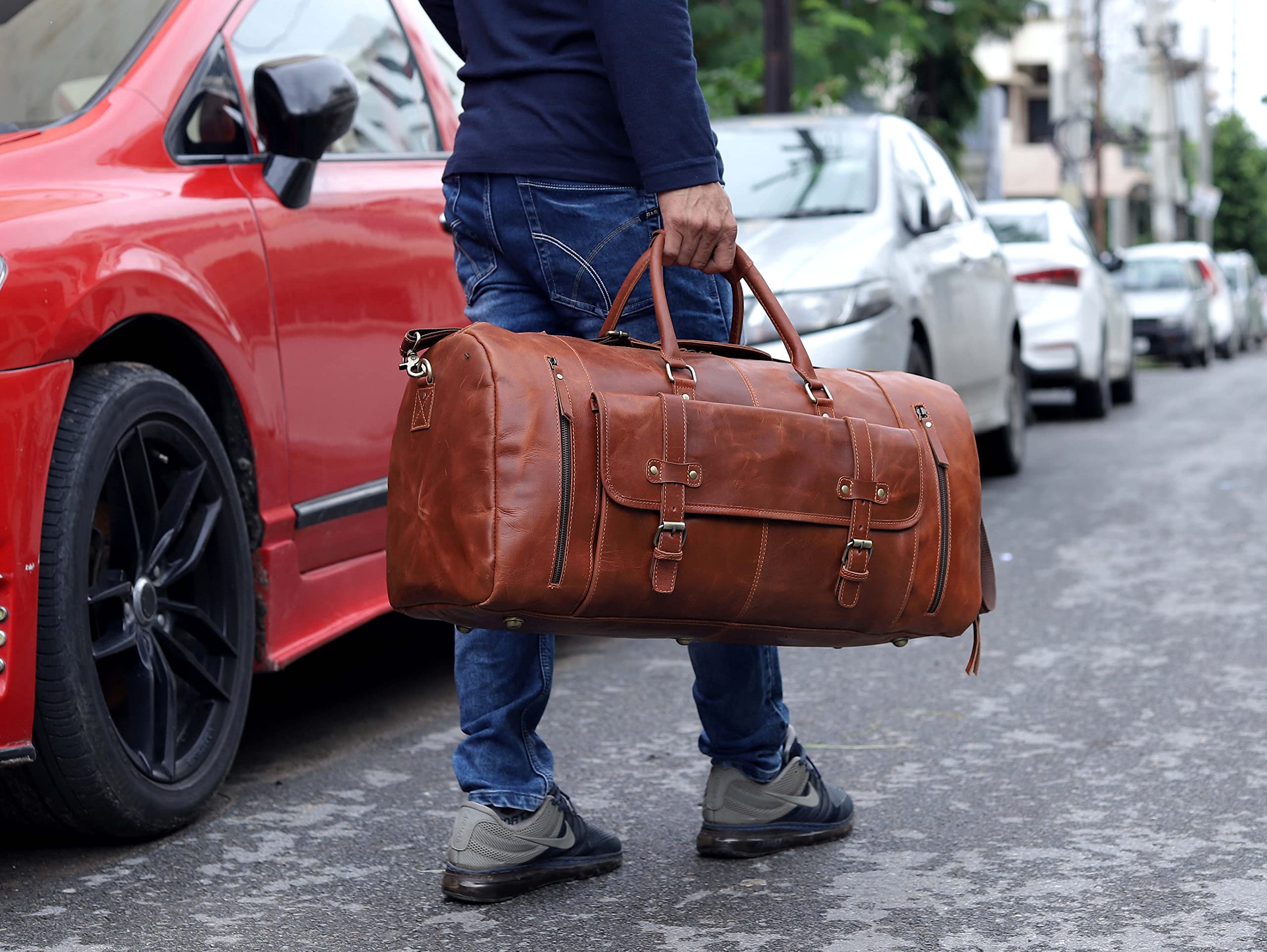 Premium Leather Duffle Travel Bag for Women & Men - 28 Inch Large Gym, Sports, Overnight & Weekend Carry-On with Shoe Compartment | Ideal for Airplane Cabin, Business Trips & Outdoor Adventures by Cureo