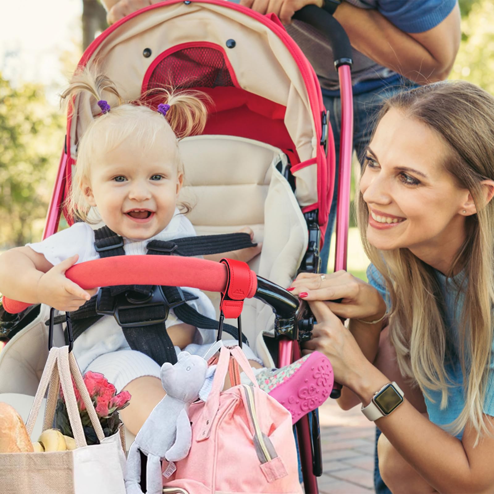 Premium Baby Stroller Hooks - 2 Pack Multipurpose Bag Hangers for Diaper Bags & Grocery Shopping | Durable Vegan Leather Pram Straps (Red) | Perfect for Strollers, Shopping Carts & Travel Gear Organization