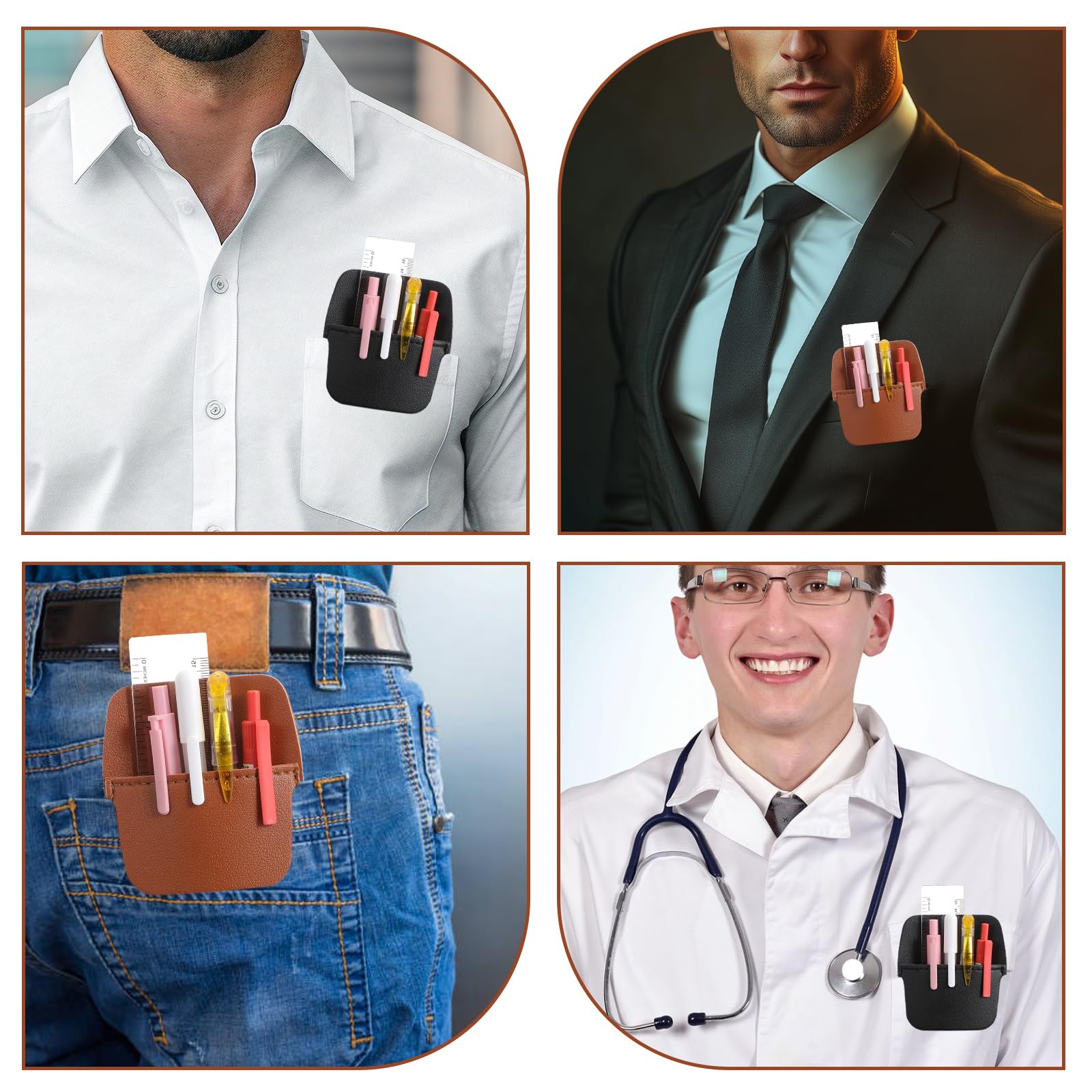 2 Pack PU Leather Pocket Protector & Pen Organizer - Holds 4 Pens/Pencils - Professional Shirt Pocket Holder for Men - Ideal for Lab Coats, Office Work & Business Meetings (Brown & Black)