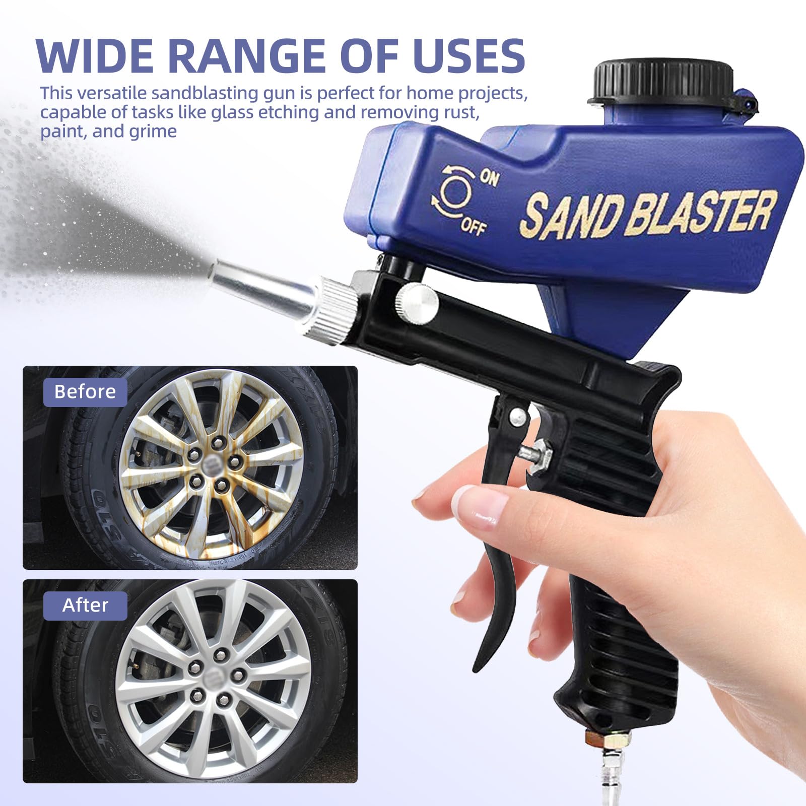 JASEVEN Portable Anti-Slip Handheld Sand Blaster Gun - 1/4 Inch Air Compressor Sandblasting Tool with Thickened Galvanized Nozzle for Rust, Paint & Dirt Removal (Blue) - Ideal for Auto Repair, Metal Cleaning & Surface Preparation