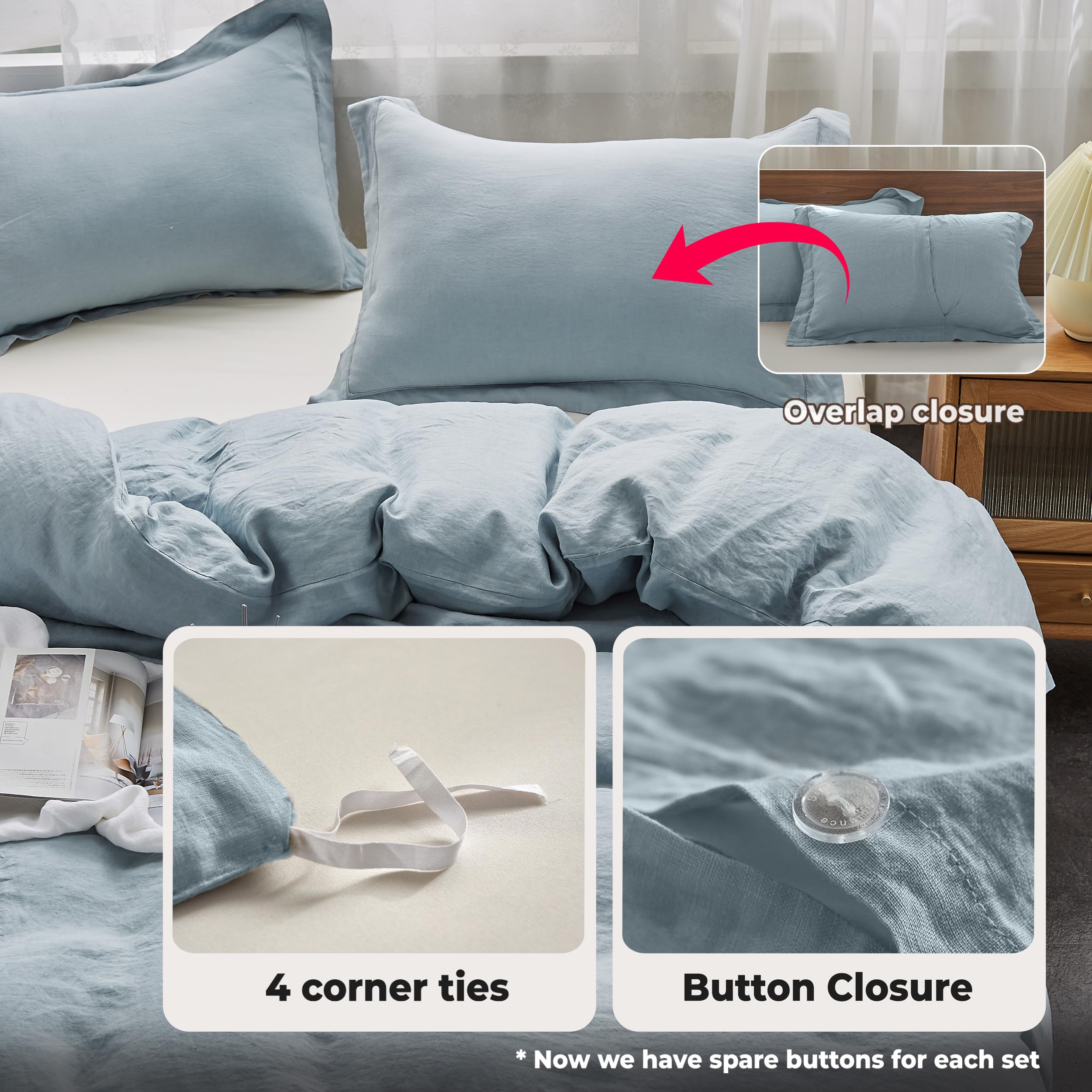 Luxury 100% Washed Linen Duvet Cover Set - Queen Size 88x92 Inches - 3 Piece Farmhouse Bedding with Embroidered Design & Button Closure - Includes 1 Duvet Cover + 2 Pillow Shams - Dusty Blue - Perfect for Master Bedroom, Guest Room & Cozy Farmhouse Decor