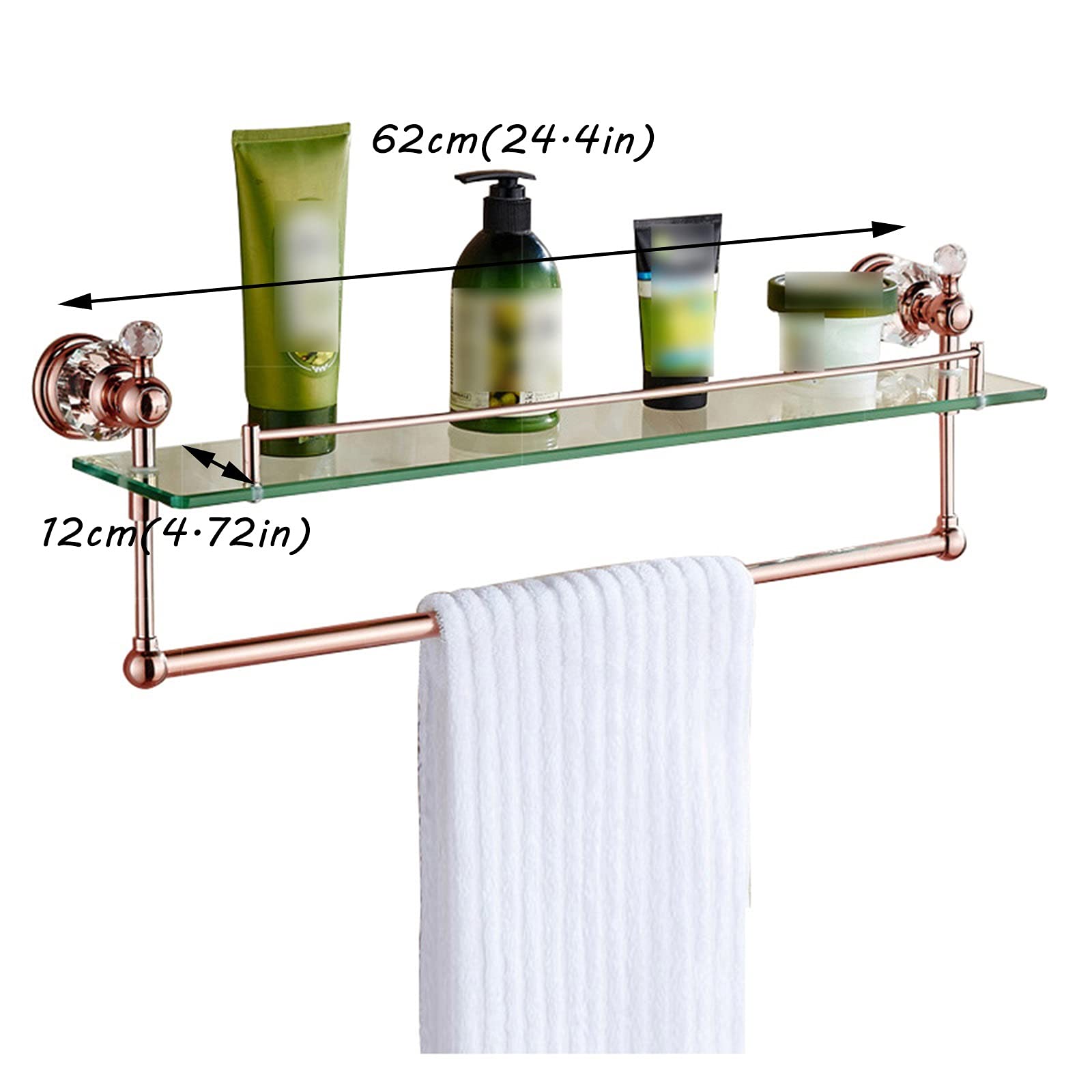 XXIOJUN 62x12cm Rose Gold Tempered Glass Wall Shelf - Heavy Duty 10kg Capacity, Rustproof Bathroom Shelves with Towel Bar - Perfect for Shower, Vanity, Dressing Table & Bathroom Organization (3 Color Options)