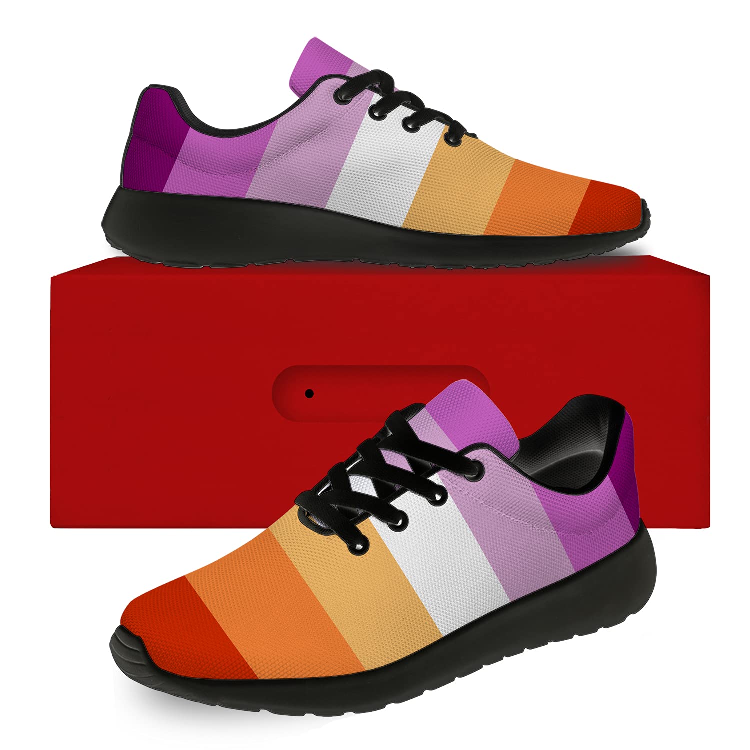 LGBTQ Pride Running Shoes for Men & Women - Comfortable Walking & Tennis Sneakers with Sunset Lesbian Flag Design - Size 10 Men/11.5 Women in Black - Perfect for Pride Parades, Gym Workouts & Casual Wear
