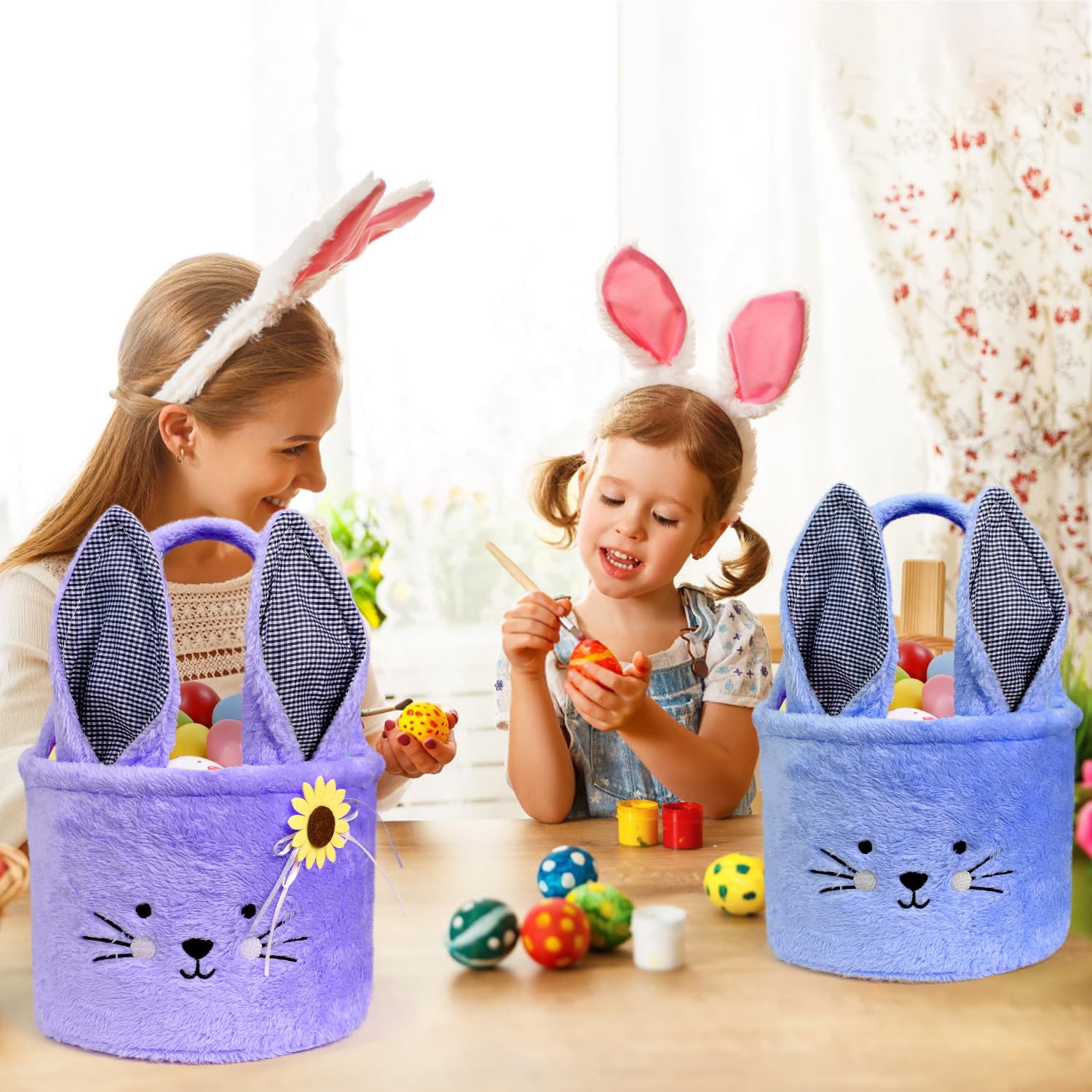 Faylapa 2Pcs Plush Easter Bunny Basket Bags with Plaid Long Ears - Personalized Easter Egg Baskets for Party Decor, Candy Gifts, Easter Egg Hunt & Spring Home Decor (Blue + Purple)
