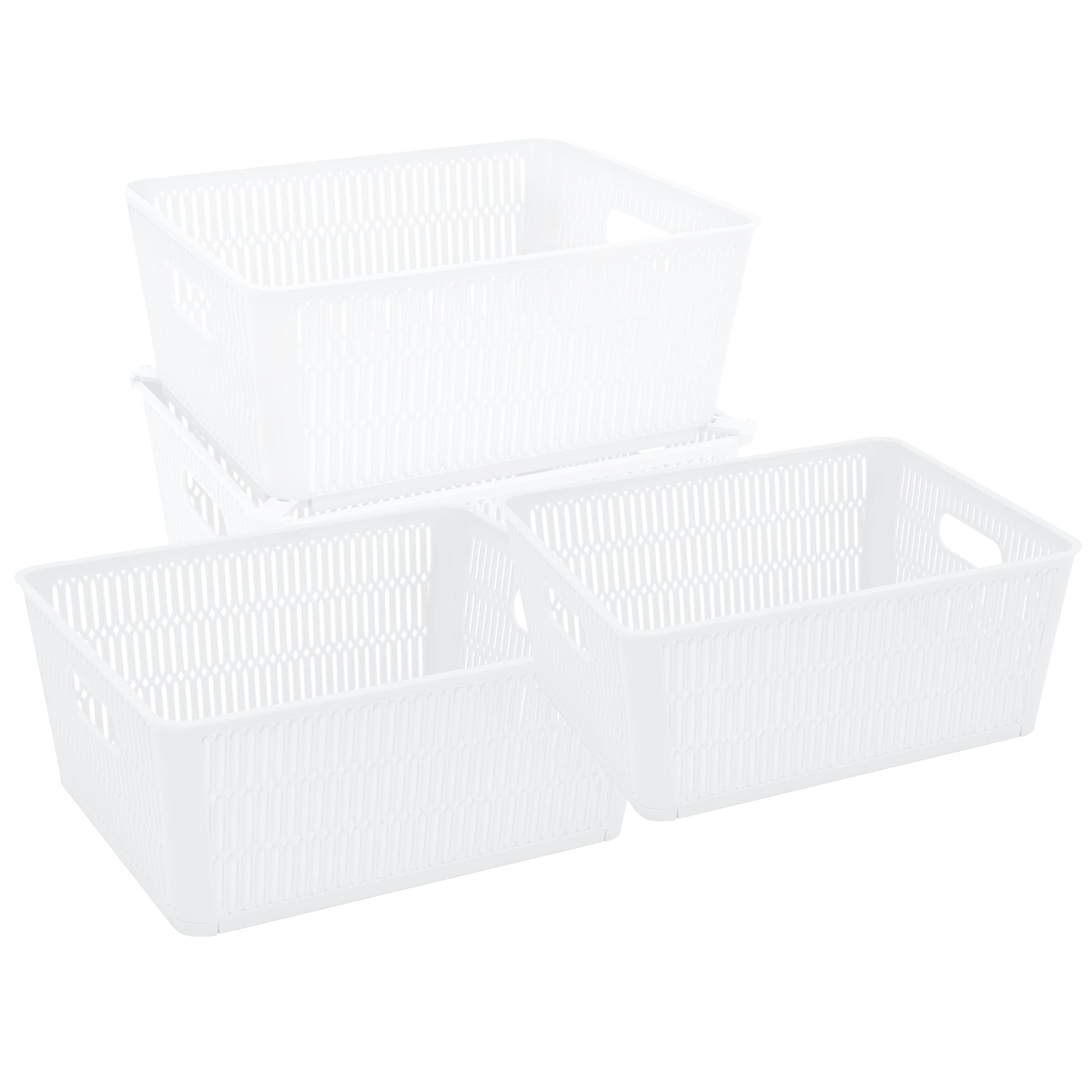 Simplify 4-Pack Large Slide 2 Stack It Tote Baskets - White Storage Bins with Stackable Design for Bathroom, Pantry, Office, Playroom & Craft Organization (KIT-25930-WHITE-4PK) | Perfect for Home Storage, Closet Organizers & Kids Toy Containers