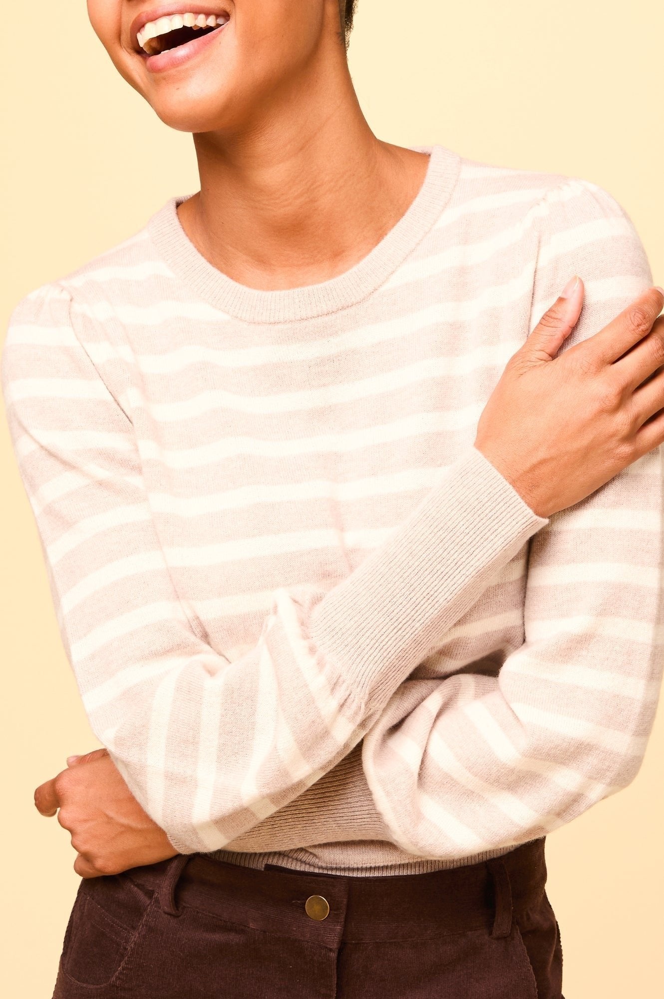 Premium Merino Wool Striped Crew Neck Sweater for Men & Women | Soft & Warm Oat/Cream Knitwear | Perfect for Winter, Fall & Casual Outfits