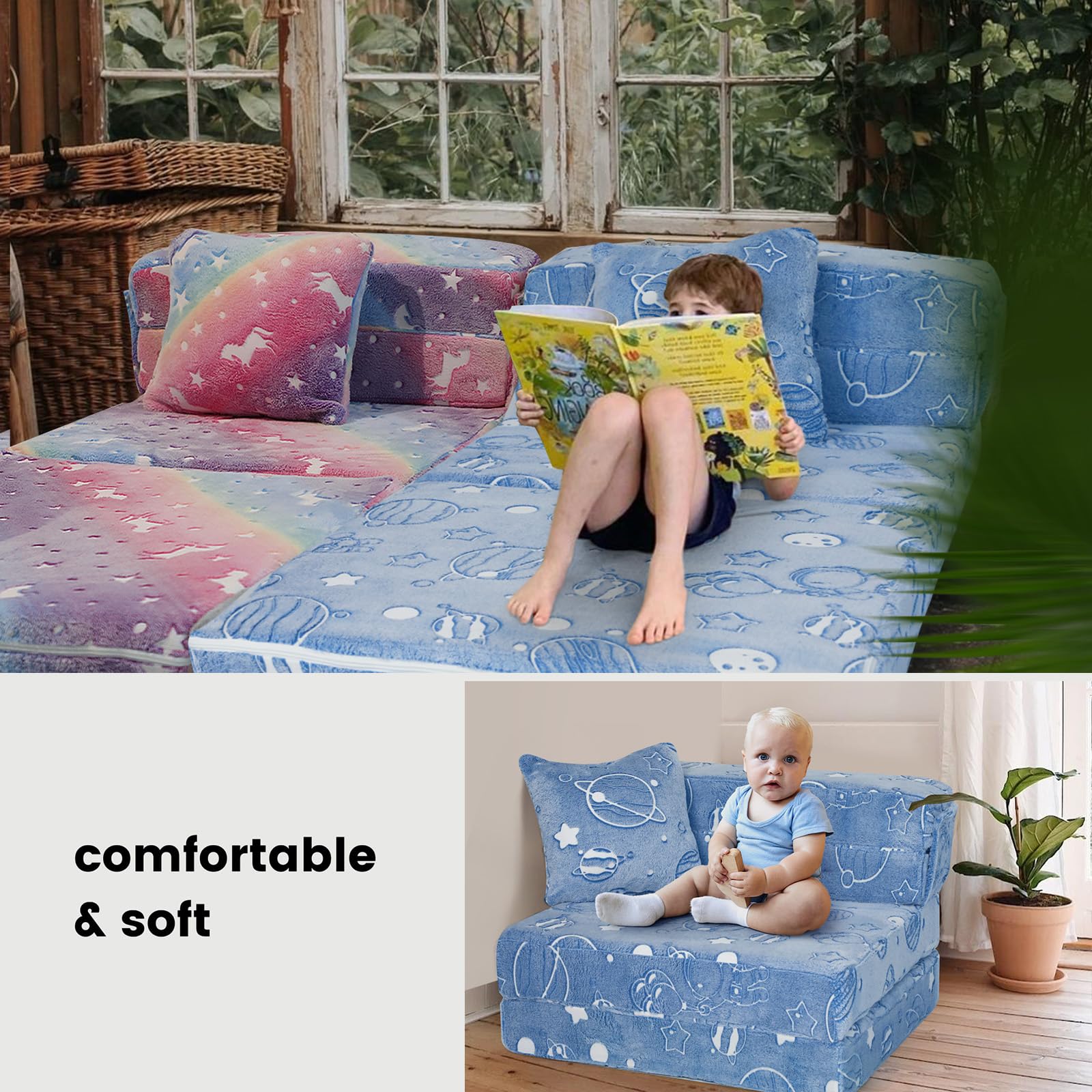 MeMoreCool Glow in the Dark Space-Themed Kids Sofa Bed - Tri-Fold Convertible Futon Chair & Floor Couch with Planets & Stars - Perfect for Playroom, Bedroom & Sleepovers
