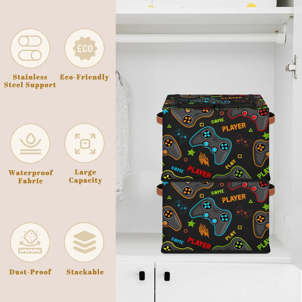 Game Themed Fabric Storage Bins with Zipper Lid - 2 Pack Stackable Cube Organizer Baskets for Clothes, Toys & Video Game Accessories - Steel Frame Design for Closet, Shelf & Bedroom Storage