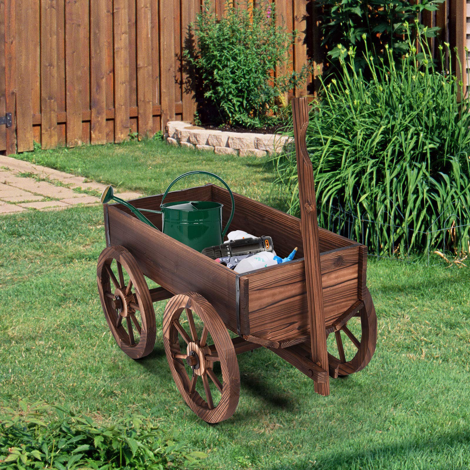 SAFSTAR Wooden Flower Planter Wagon with Wheels - Rustic Rolling Pot Stand for Outdoor Garden Decor - Perfect for Patio, Balcony & Backyard Plant Display