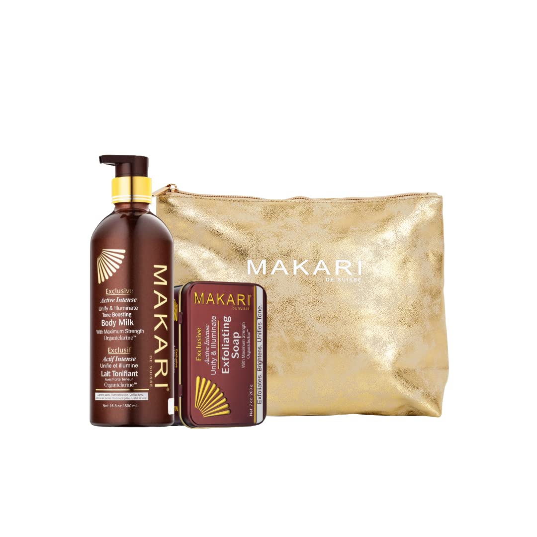 MAKARI Exclusive 2-Piece Skin Care Gift Set - Organic Body Toning Milk Lotion & Exfoliating Soap for All Skin Types | Self Care Kit with Free Makeup Bag | Perfect Women's Gift for Spa Day, Birthday & Mother's Day