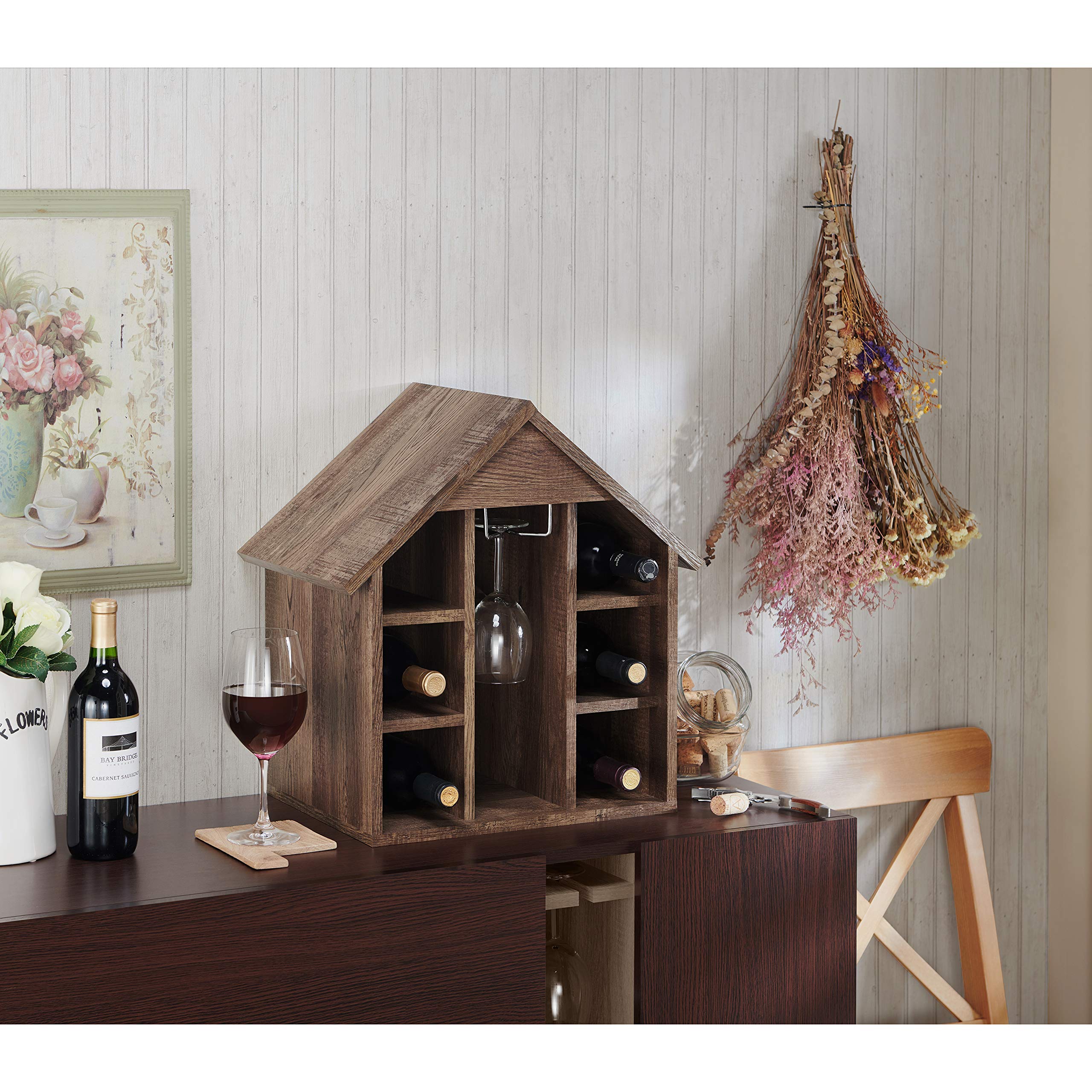 Rustic Reclaimed Oak Wood Wine Rack with Wine Bottles - Handcrafted Home Bar Decor for Kitchen, Dining Room & Wine Cellar Storage